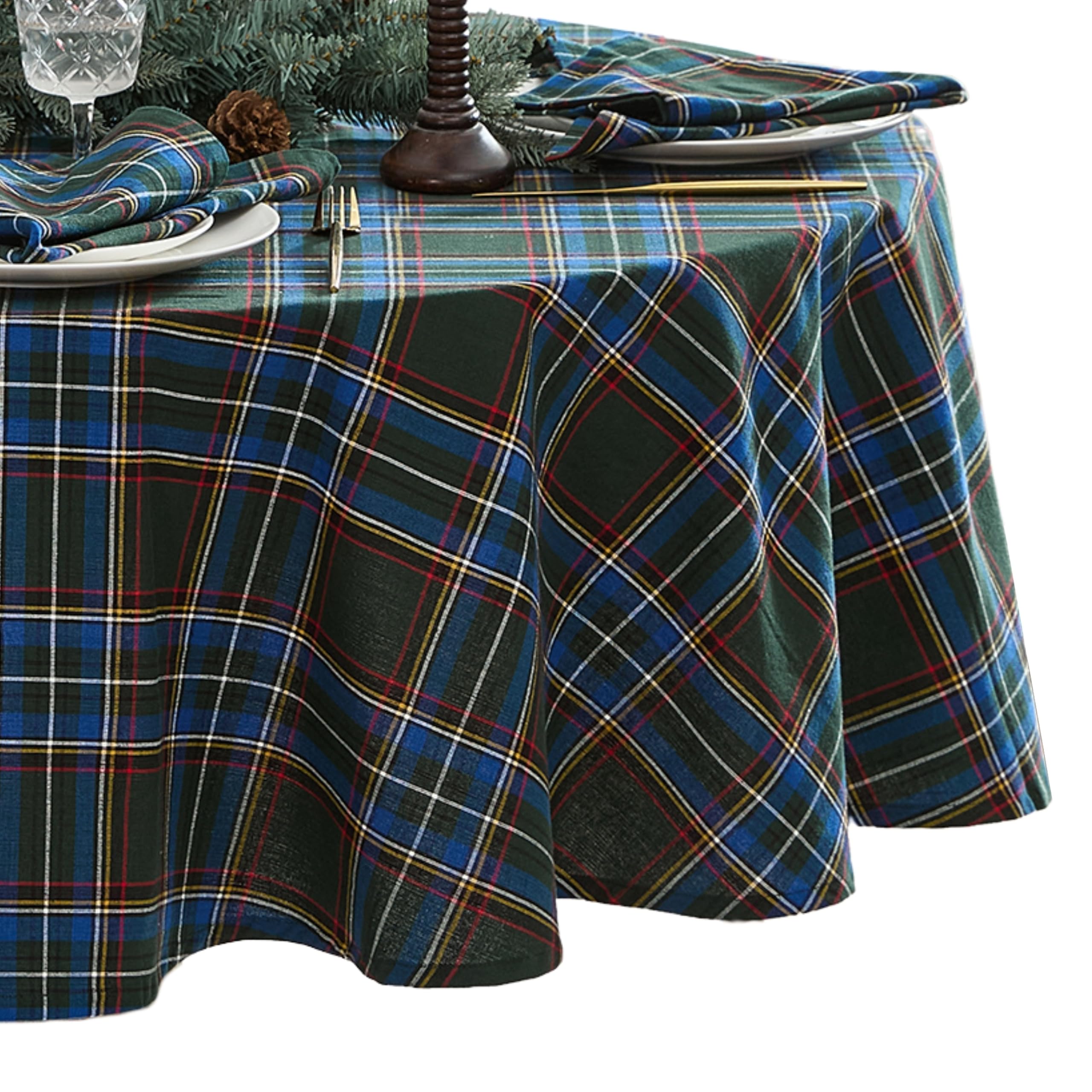 Elrene Home Fashions Stowe Tartan Holiday Plaid Christmas/Winter Cotton Round Tablecloth, 70"x70", Green