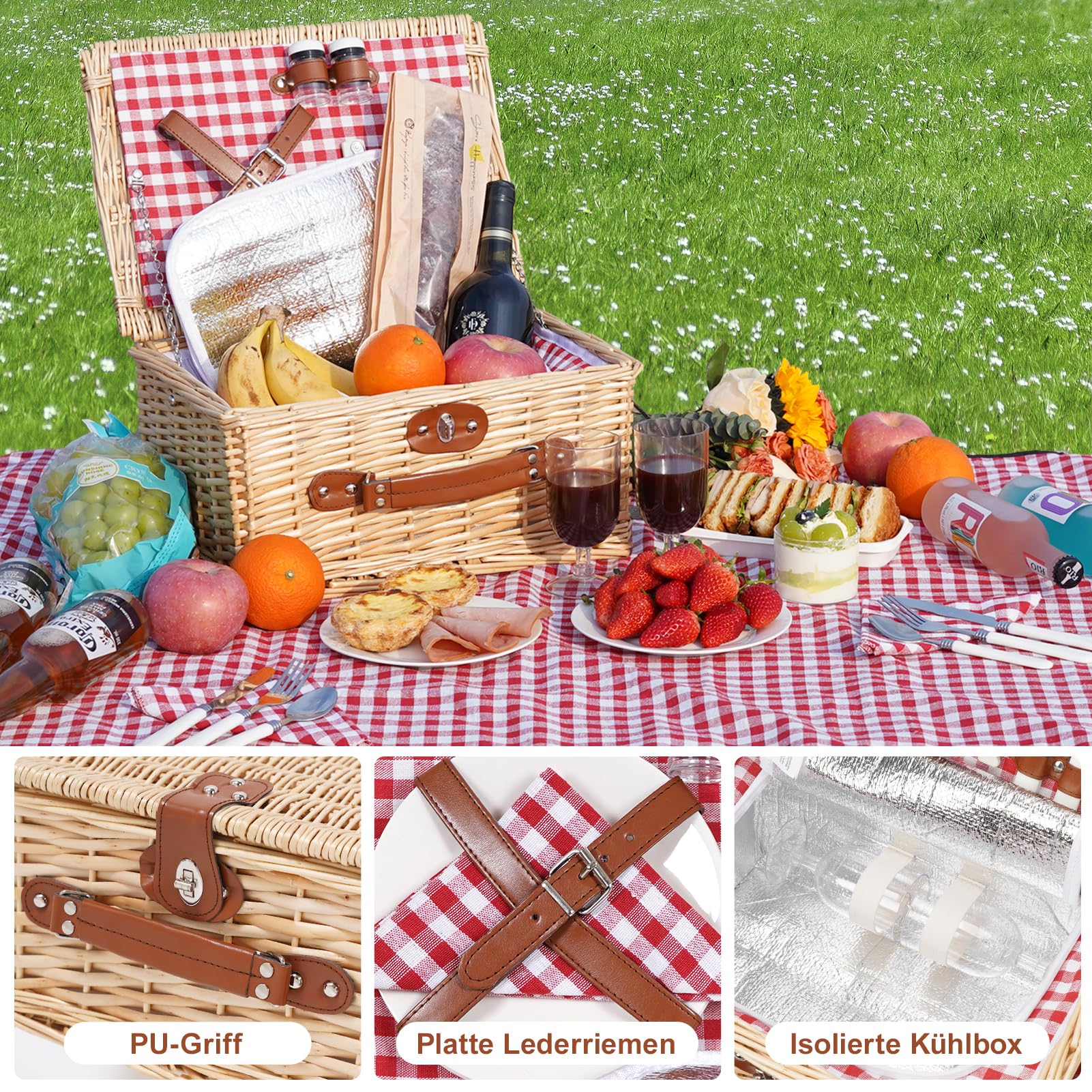Picknickkorb für 2 Personen, Picknickkorb-Set mit Kühlfach und wasserdichte Picknickdecke, Besteck Set, Handgefertigtes Weidenkorb Picknick Korb Geschenk für Camping, Strand, Wandern (RotCheck)