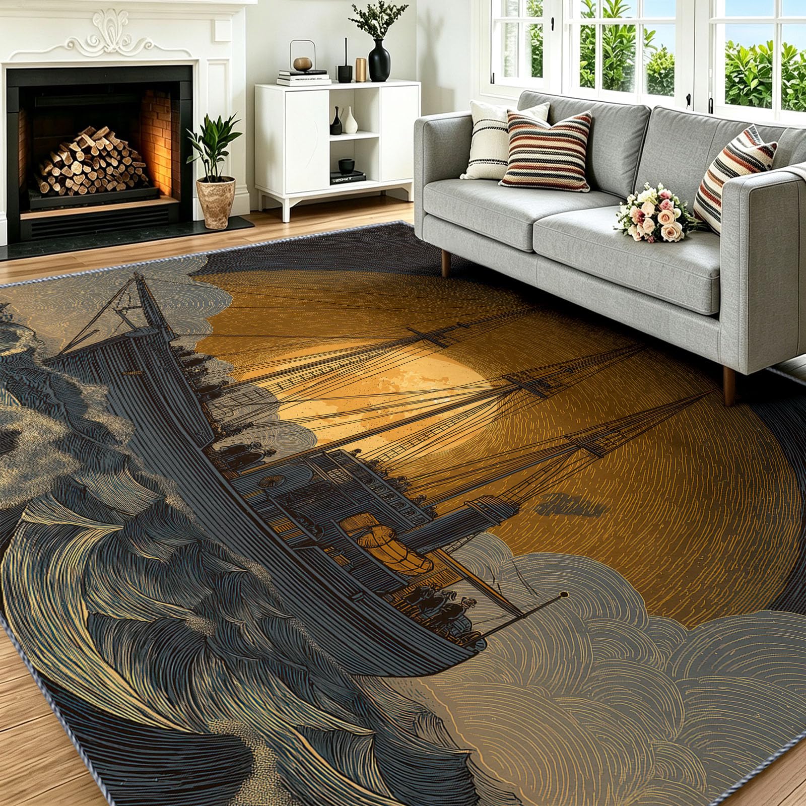Générique Tapis - 120 x 170 cm - Noir Or Vintage Bateau à Vapeur Mer étoilée Voilier - Décoration d'intérieur - Antidérapant et Facile à Nettoyer - pour Salon, Chambre à Coucher, Bureau, Cuisine