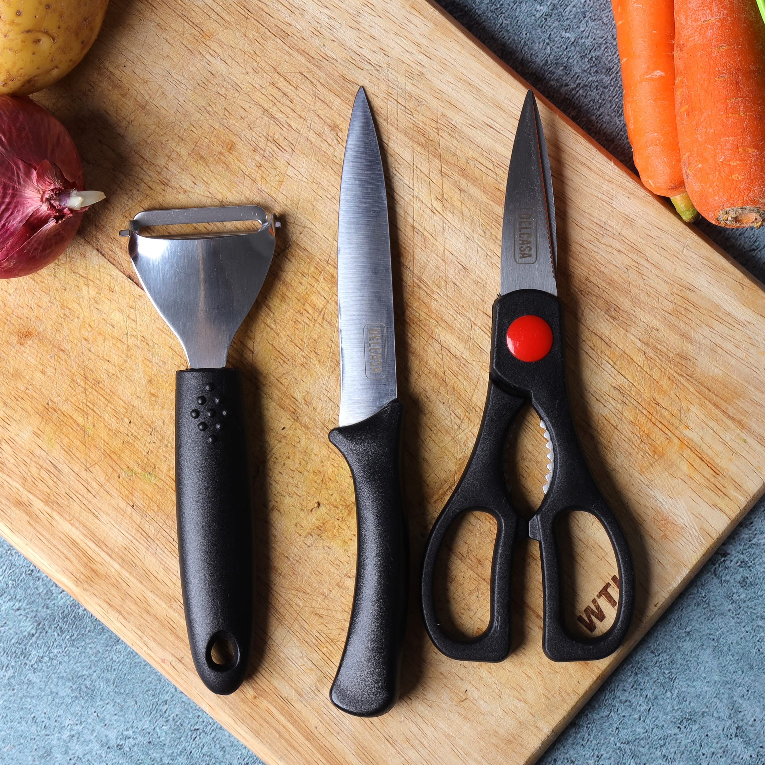 DELCASA 3Pcs Knife Set with Polymer Handle Sharpe Blade DC2304, Black