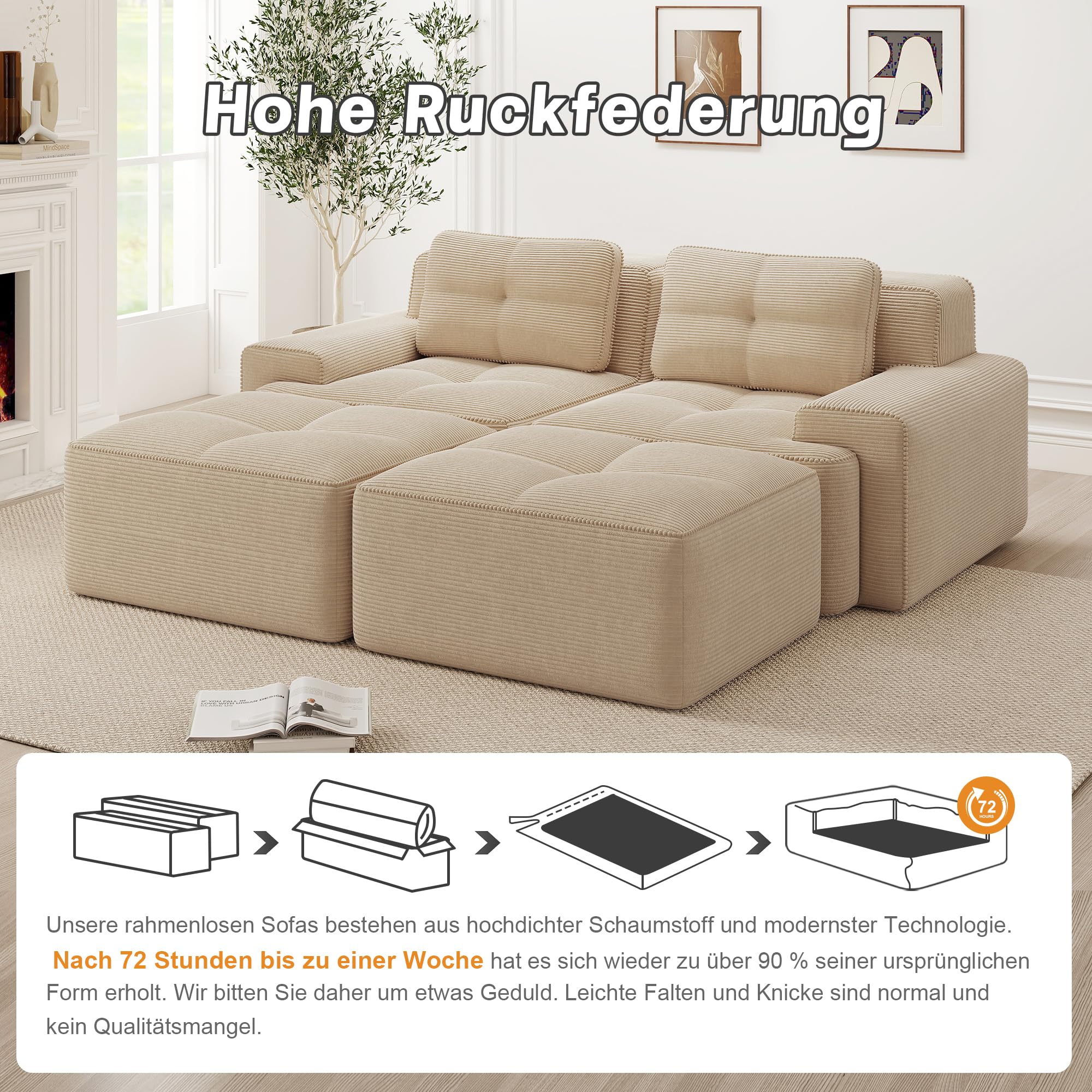 U förmiges Modulsofa 2 Sitzer mit Ottoman, Cord, Tiefsitz, Beige