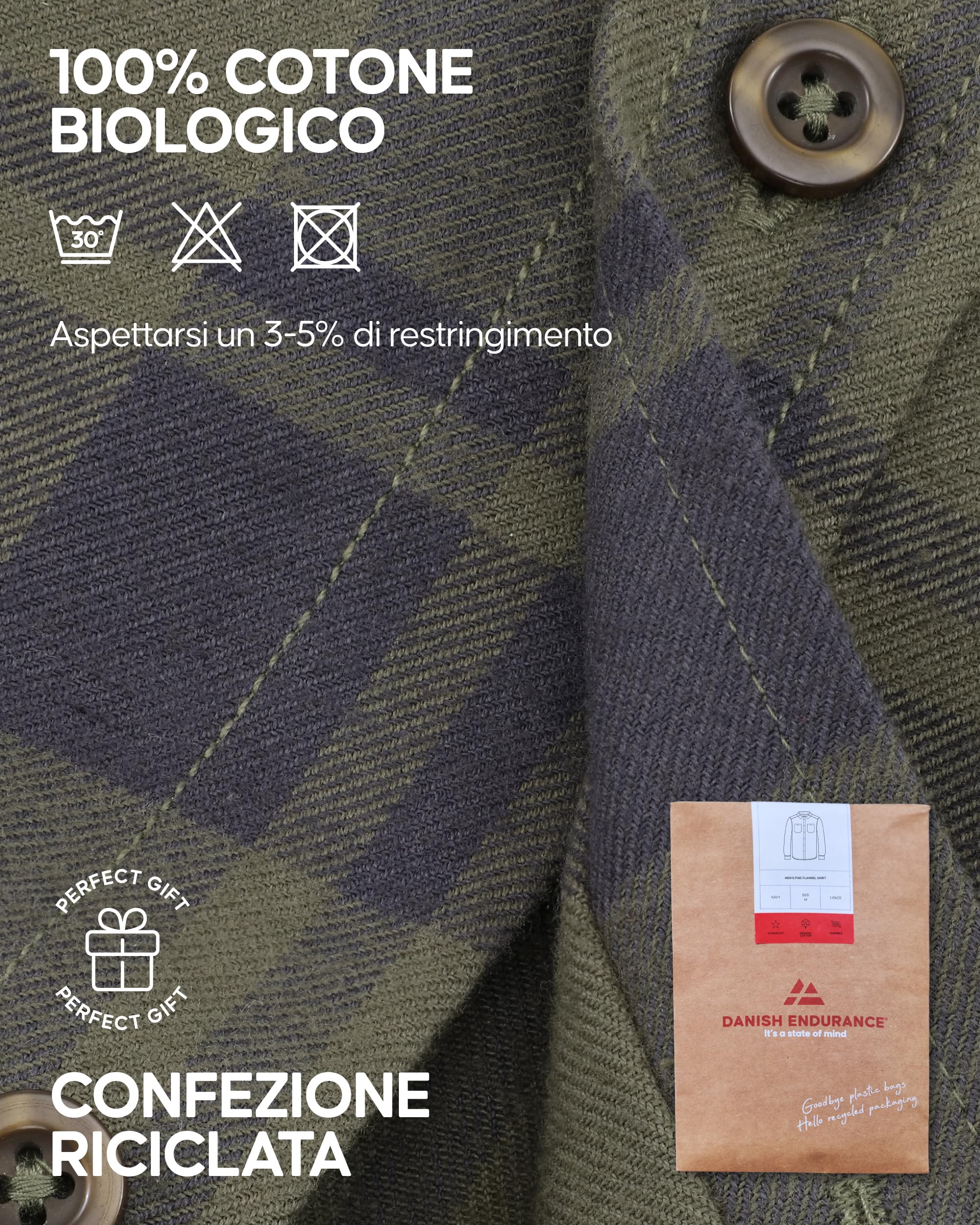 DANISH ENDURANCE Camicia Flanella Uomo, Cotone Biologico, Stile Casual | Camicia in flanella, cotone biologico morbido e resistente con vestibilità comoda, per uso quotidiano e attività all'aperto