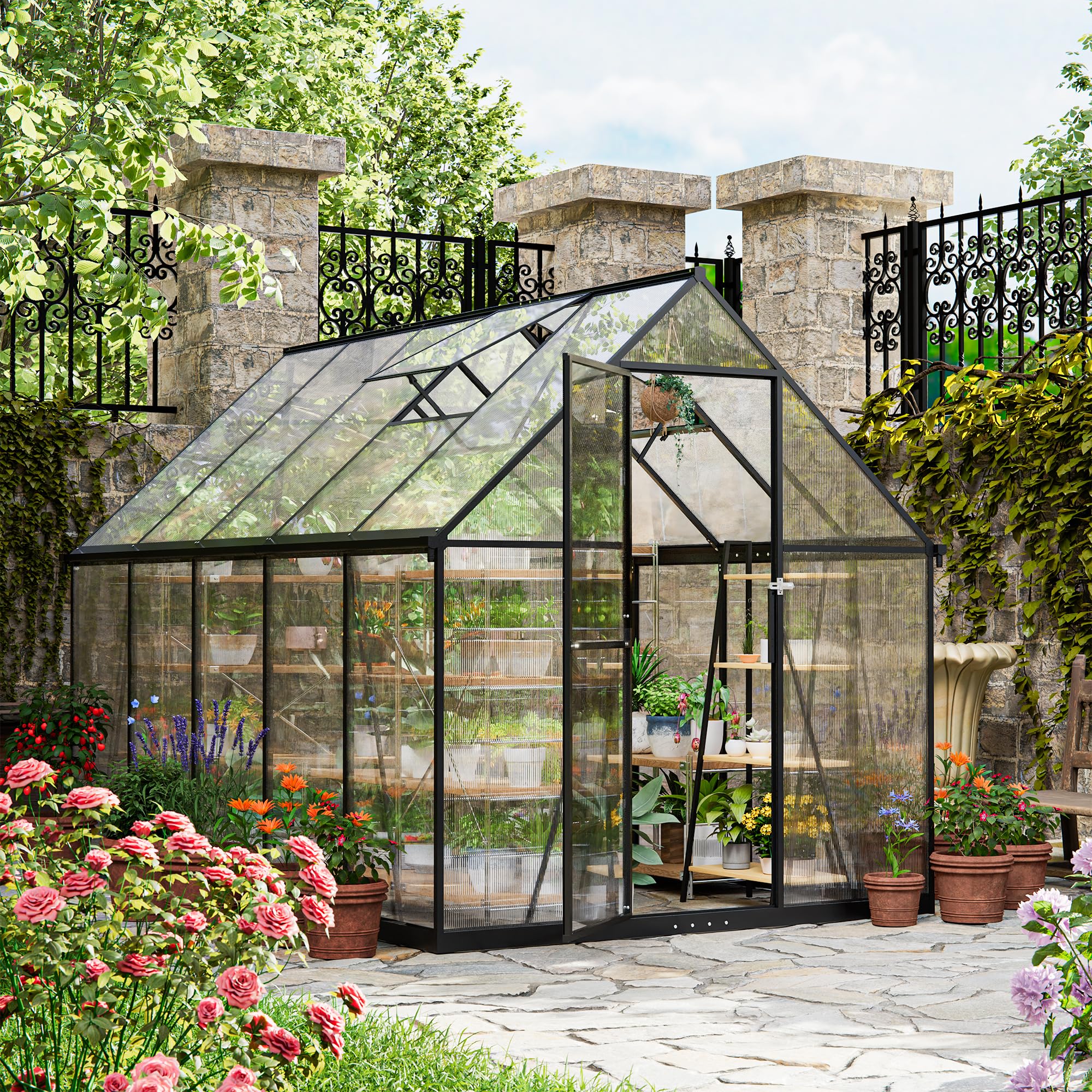 ALAULM Polycarbonat-Gewächshaus 175x281x195cm, mit abschließbarer Tür, Satteldach, Lüftungsfenster & Regenrinnen, Wetterfest für Terrasse & Garten (Schwarz)