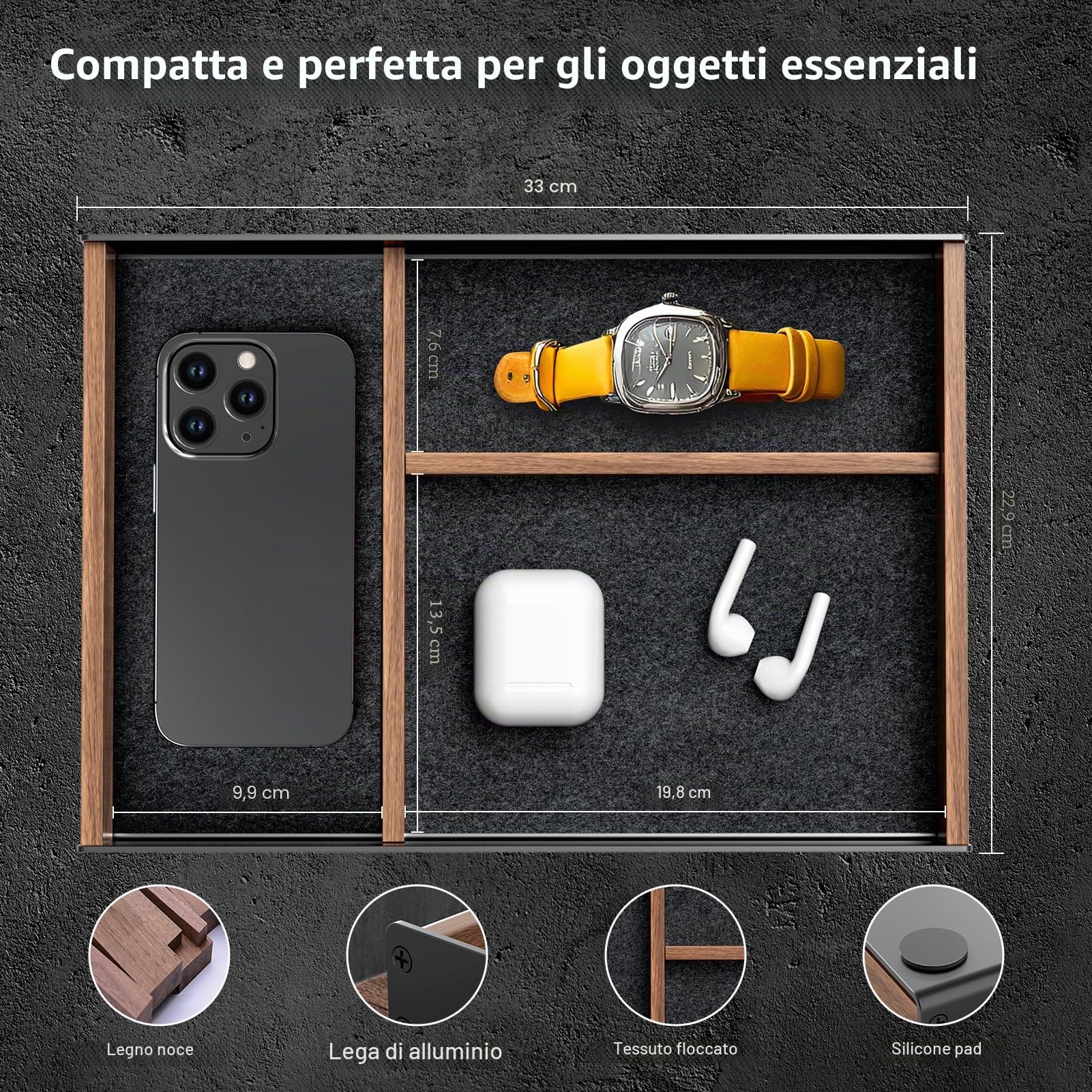 Vassoio da scrivania in legno, organizer da cassetto, stand appendiabiti da uomo in alluminio e noce, accessori da ufficio estetici, casa, forniture, chiavi, penne, orologi