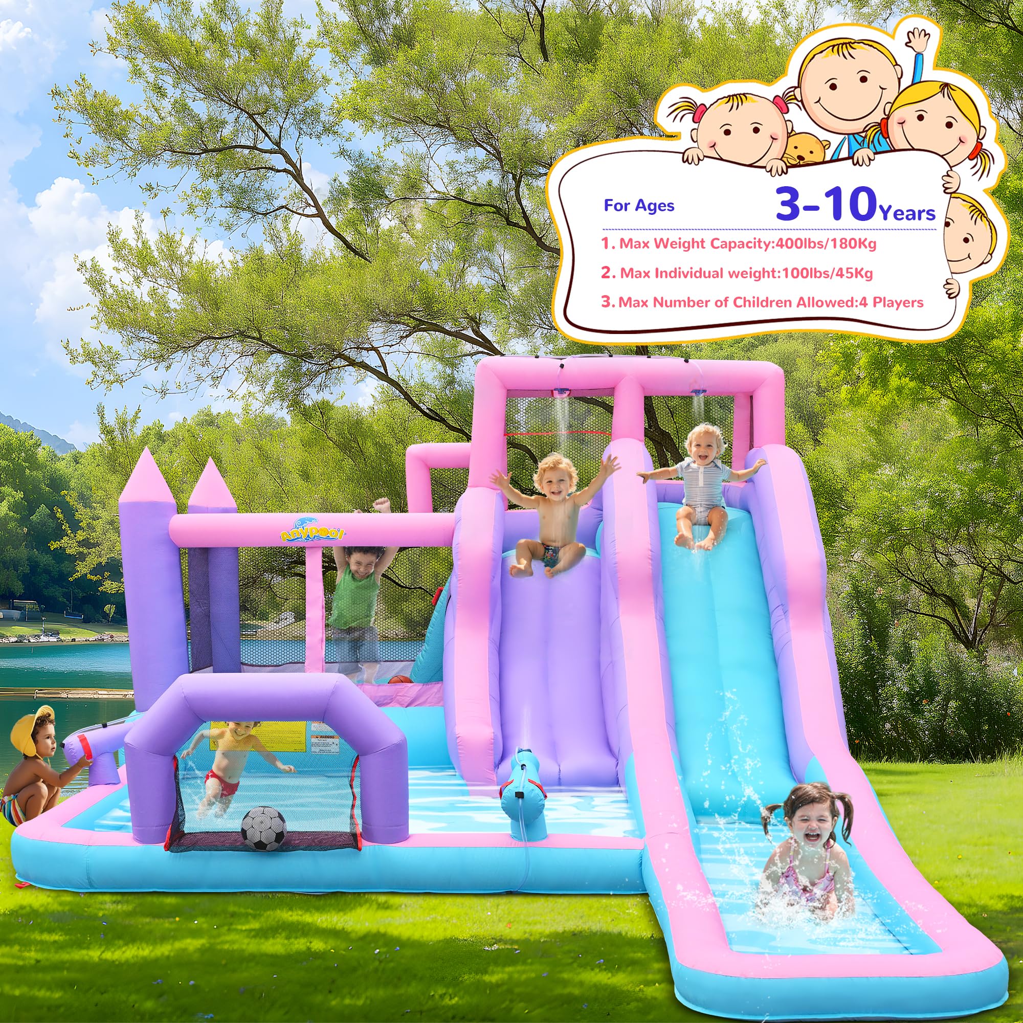 8-in-1 Aufblasbarer Wasserrutschen-Park, 6,1 m x 3,6 m Hinterhof-Hüpfhaus mit 5,5 m langer Rutsche & 2 Bodyboards, Kinder-Wasserrutschen für 3-10 Jahre, inklusive 650-W-Gebläse