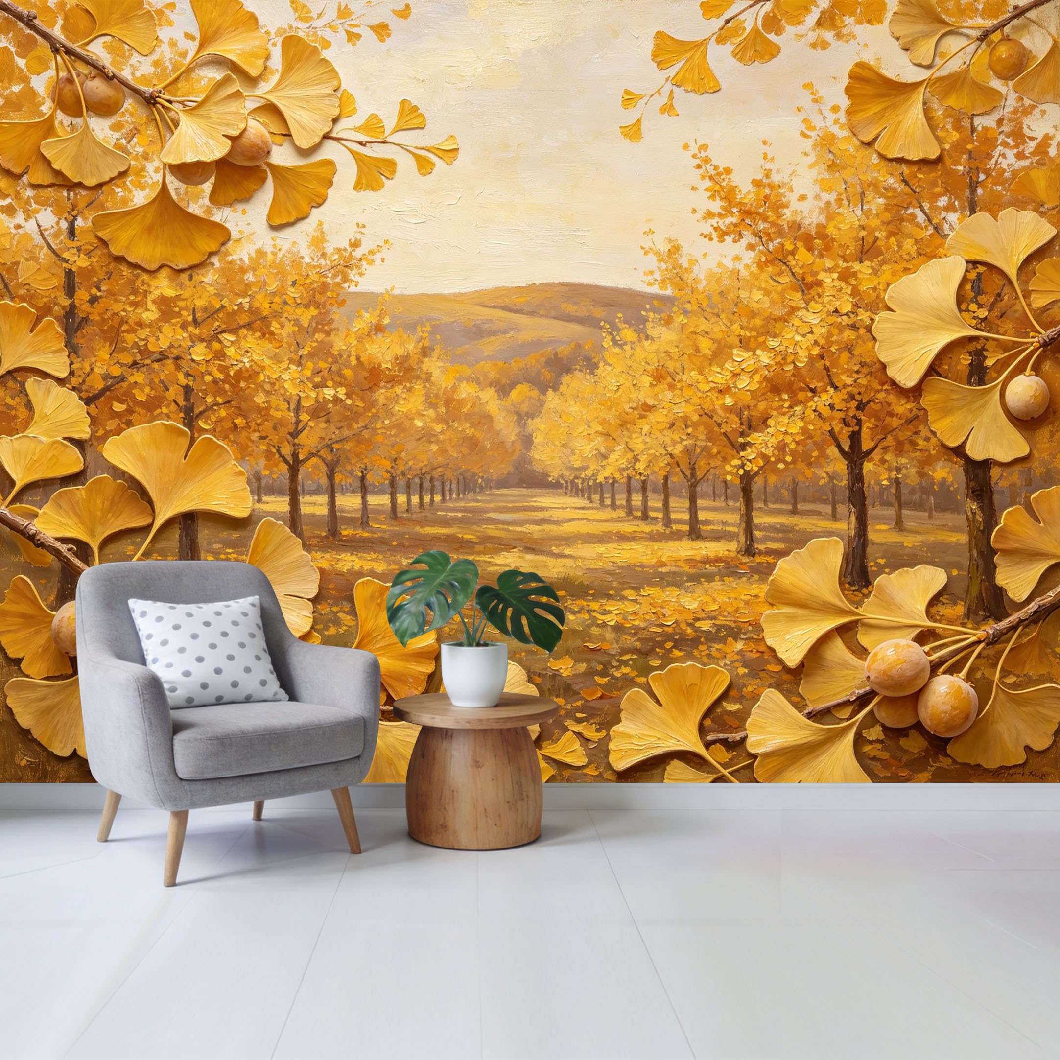 Qzlithotic Yq2605250591 Custom Size Wall Mural Golden Ginkgo Biloba Forest Landscape Oil Painting Style Selfadhesive Wall Fabric Removable Wallpaper For Home Office Decor