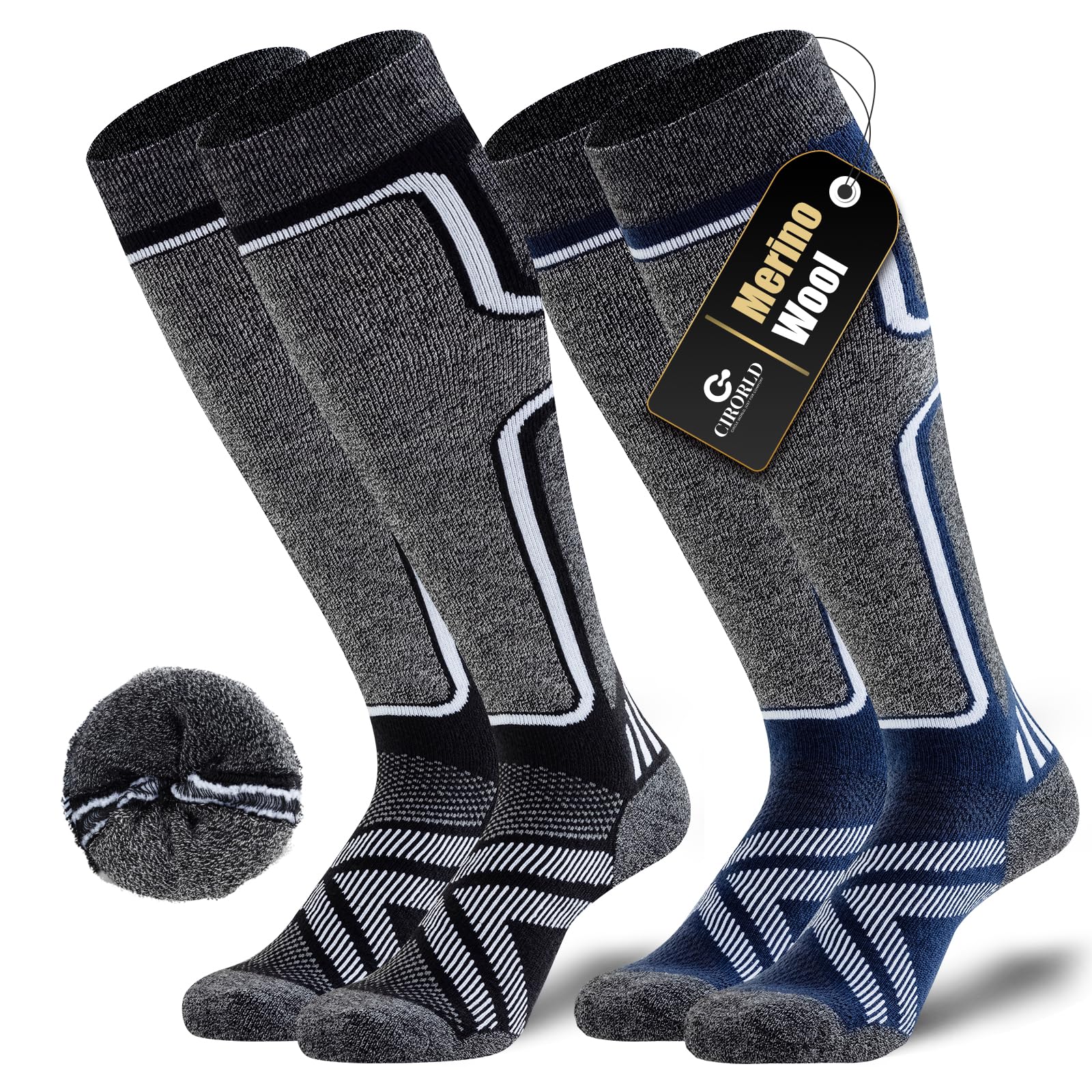 Cirorld 2 Paar Skisocken aus Merinowolle für Damen Herren, Wärmende Wolle Thermosocken Dicke Wintersocken für Kaltes Wetter, Schnee, Skifahren, Snowboarden, Jagen, Wandern