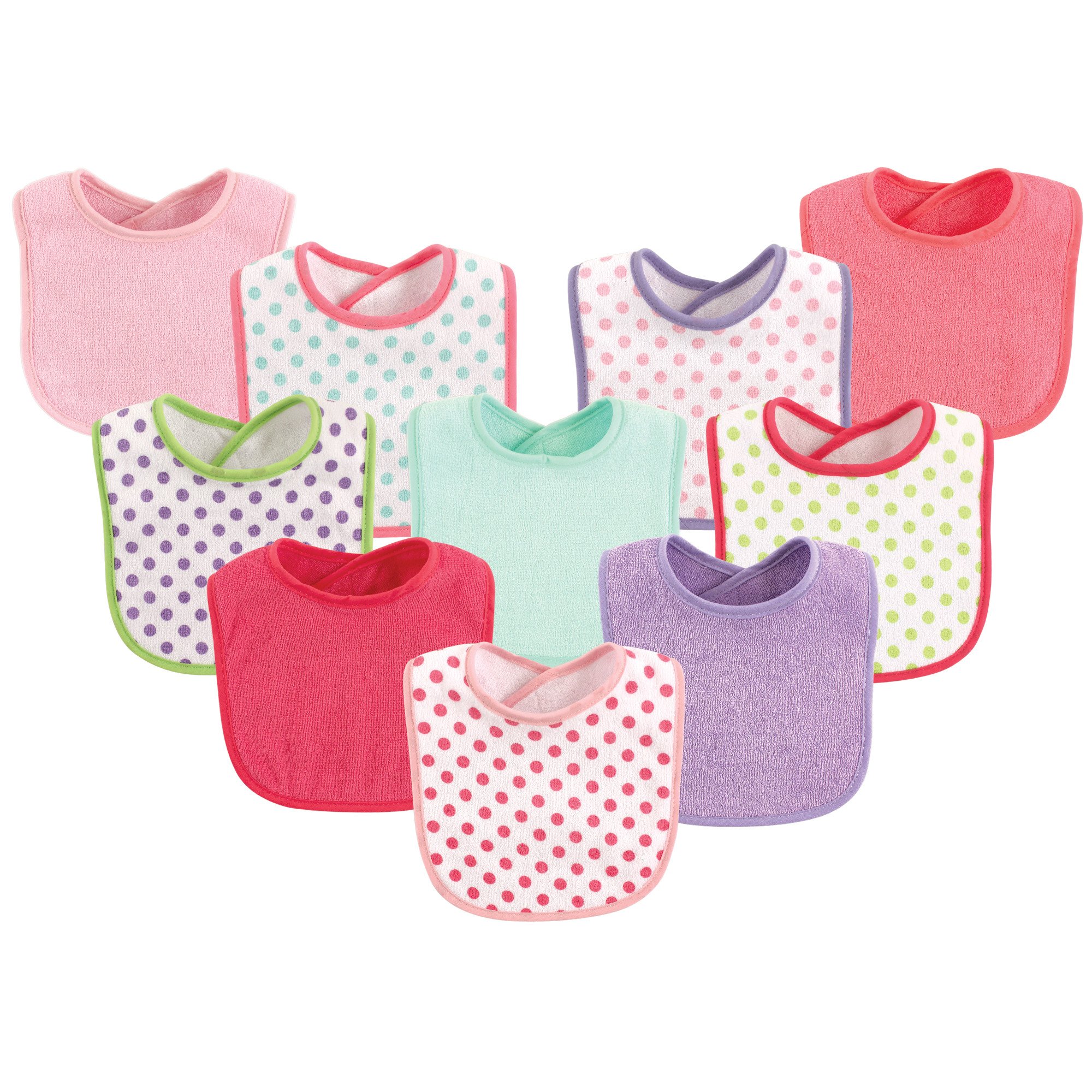 Luvable Friends 10-Piece Baby Bibs, Dots and Solid (Colors May Vary)