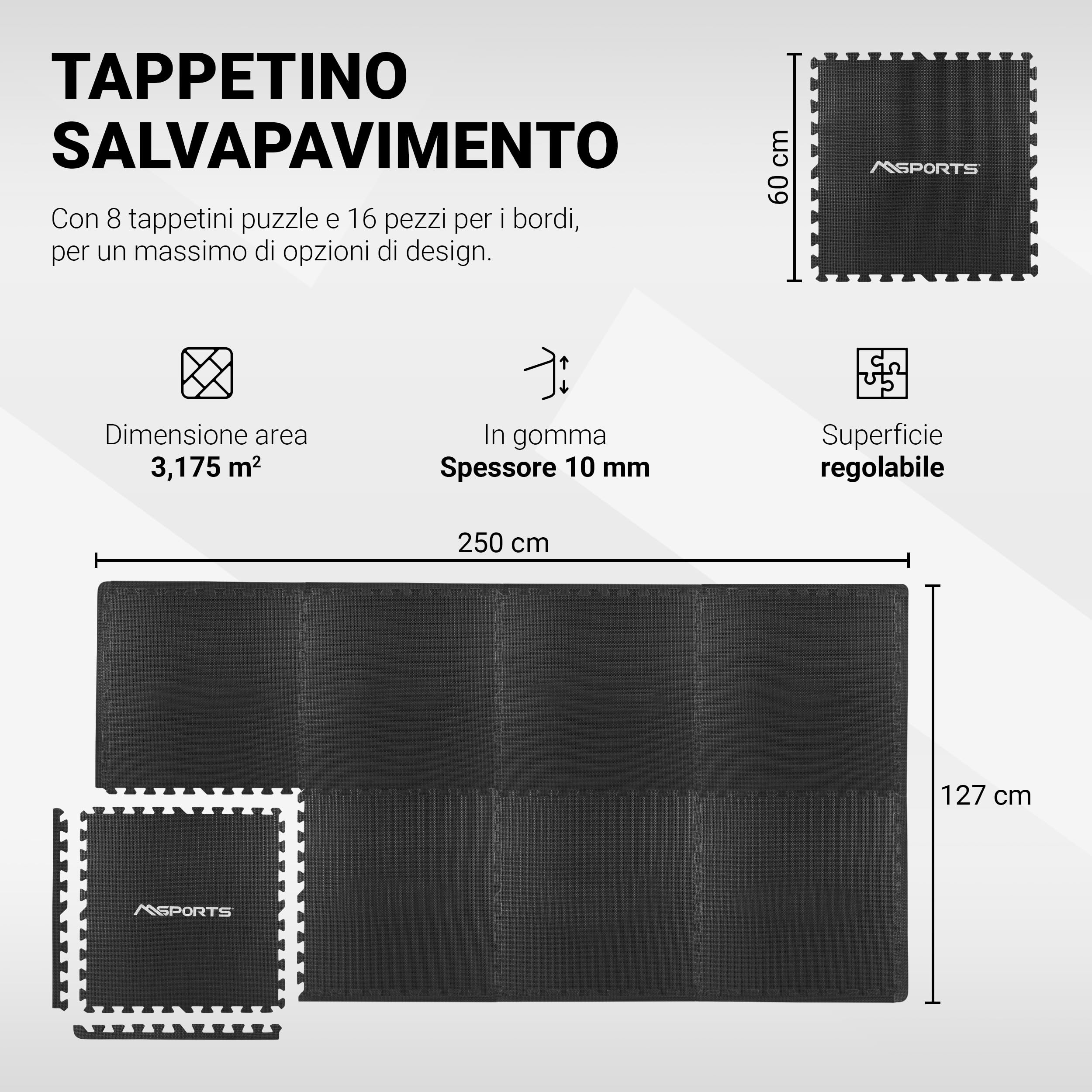 MSPORTS Tappetino Puzzle Set Premium - 8 Pezzi 3,175m² | Protezione Pavimento | 60x60 cm | Spessore: 1,0 cm | Tappetini Ginnastica