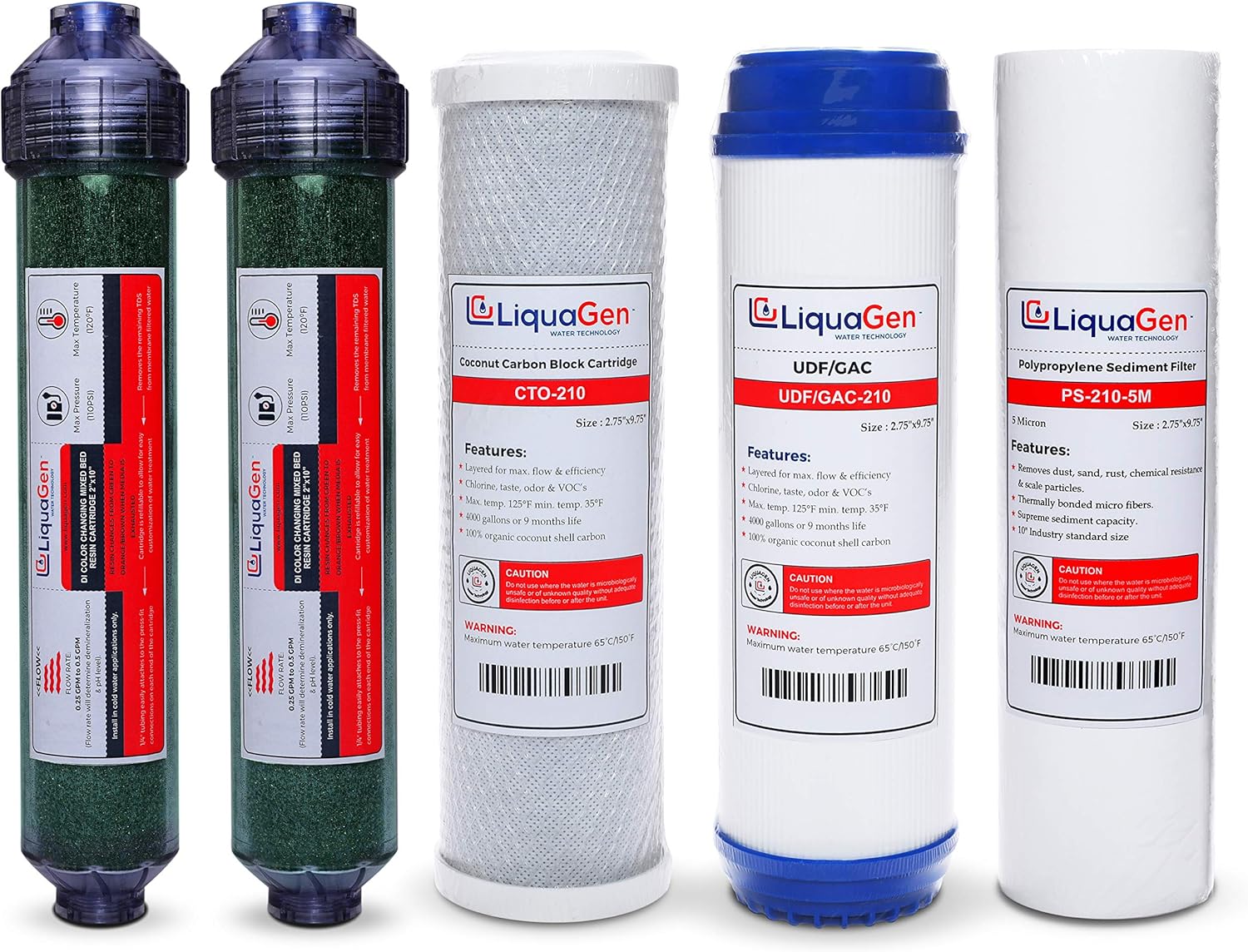LiquaGen- 6 Stage RODI Yearly Replacement Filter Kit - Pre Filters with Inline Deionization - Stage 1, 2, 3, 5 & 6 | Reverse Osmosis Water Purifier Filter Set for Aquarium Reef, Fish tank's & More