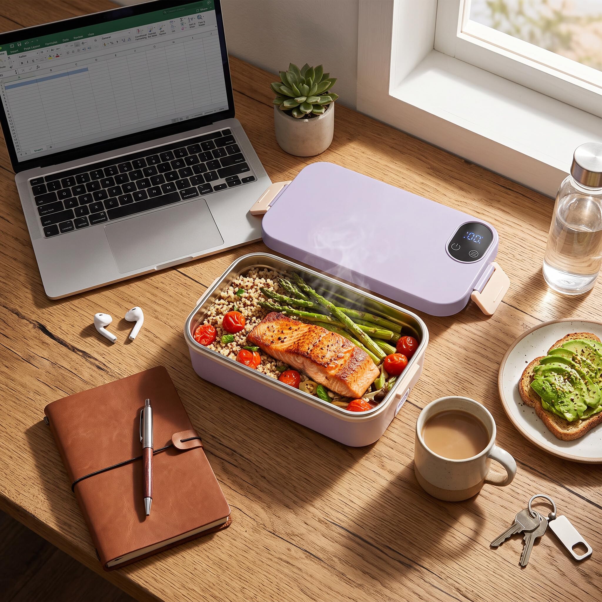 Zerodis Lunch-Wärmer-Box, Elektrischer Tragbarer Lebensmittelheizer mit Edelstahlbehälter, Intelligente Digitalanzeige, 7200 MAh, Wiederaufladbar, Schnelle Erwärmung für Reisen Im