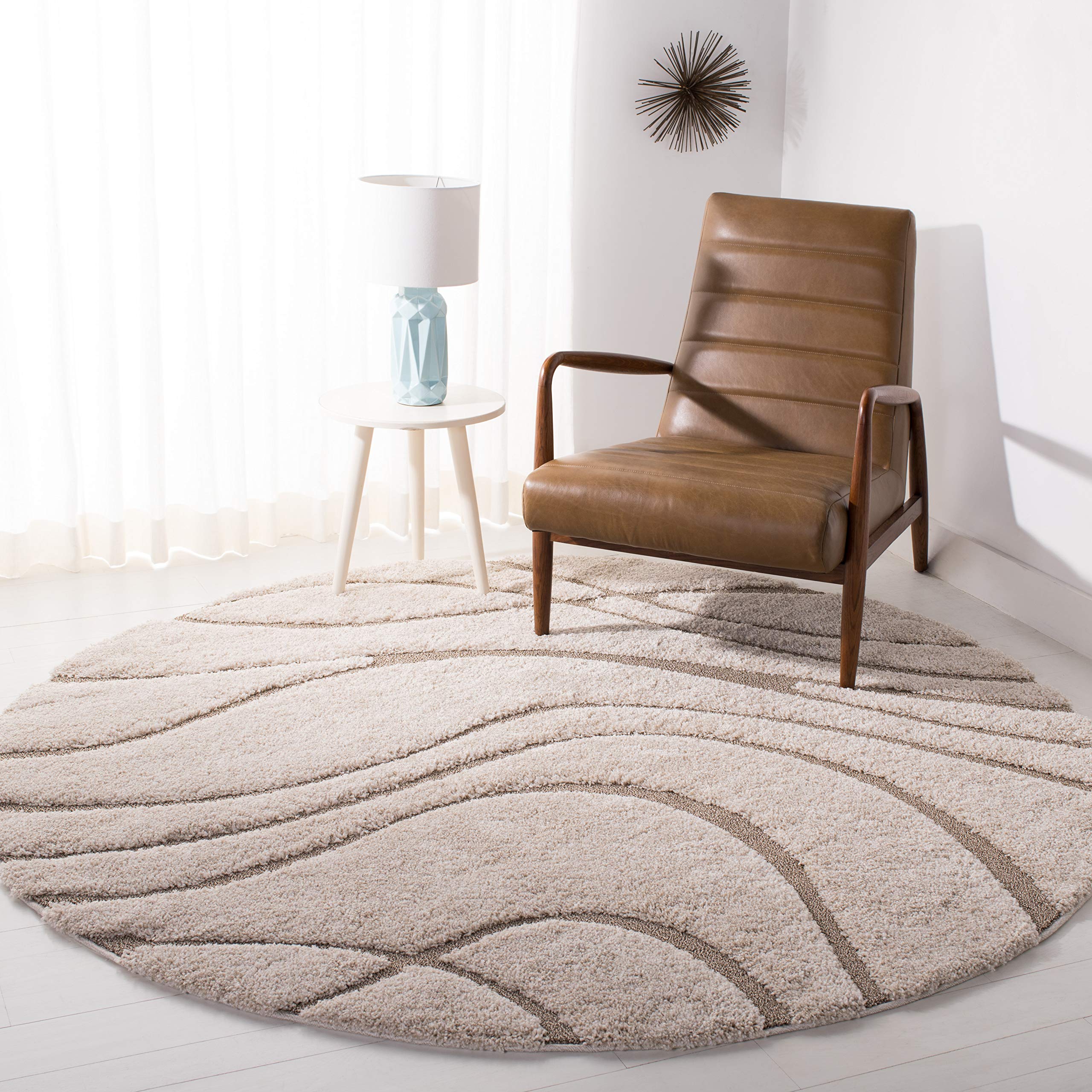 SAFAVIEH Florida Shag Collection 4' Round Cream/Beige SG471 Abstract Wave Non-Shedding Living Room Bedroom Dining Room Entryway Plush 1.2-inch Thick