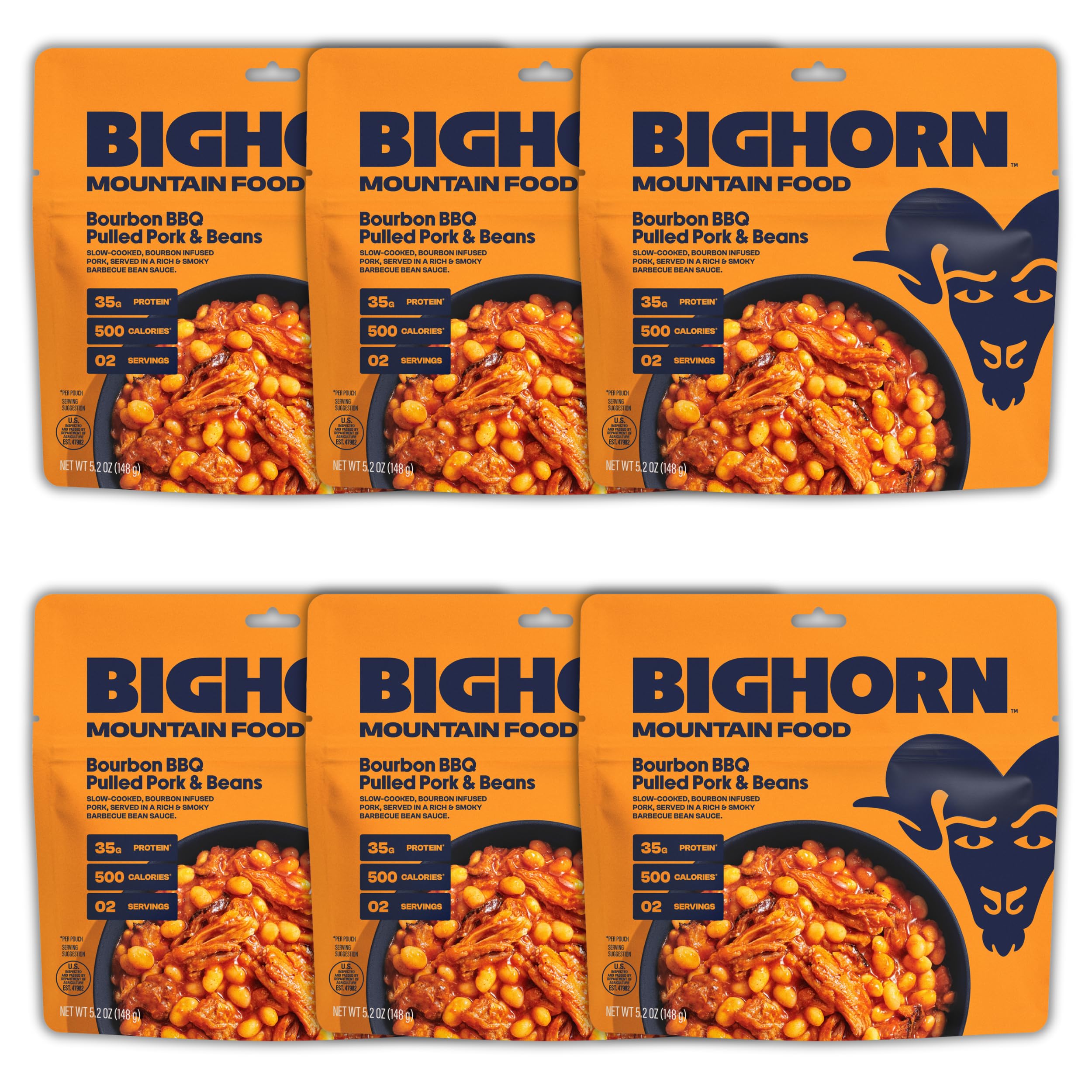 BIGHORN Mountain Food Bourbon BBQ Pulled Pork and Beans - contains 6 packs | 12 servings | 210g Protein | 3,000 Calories - premium freeze dried meals