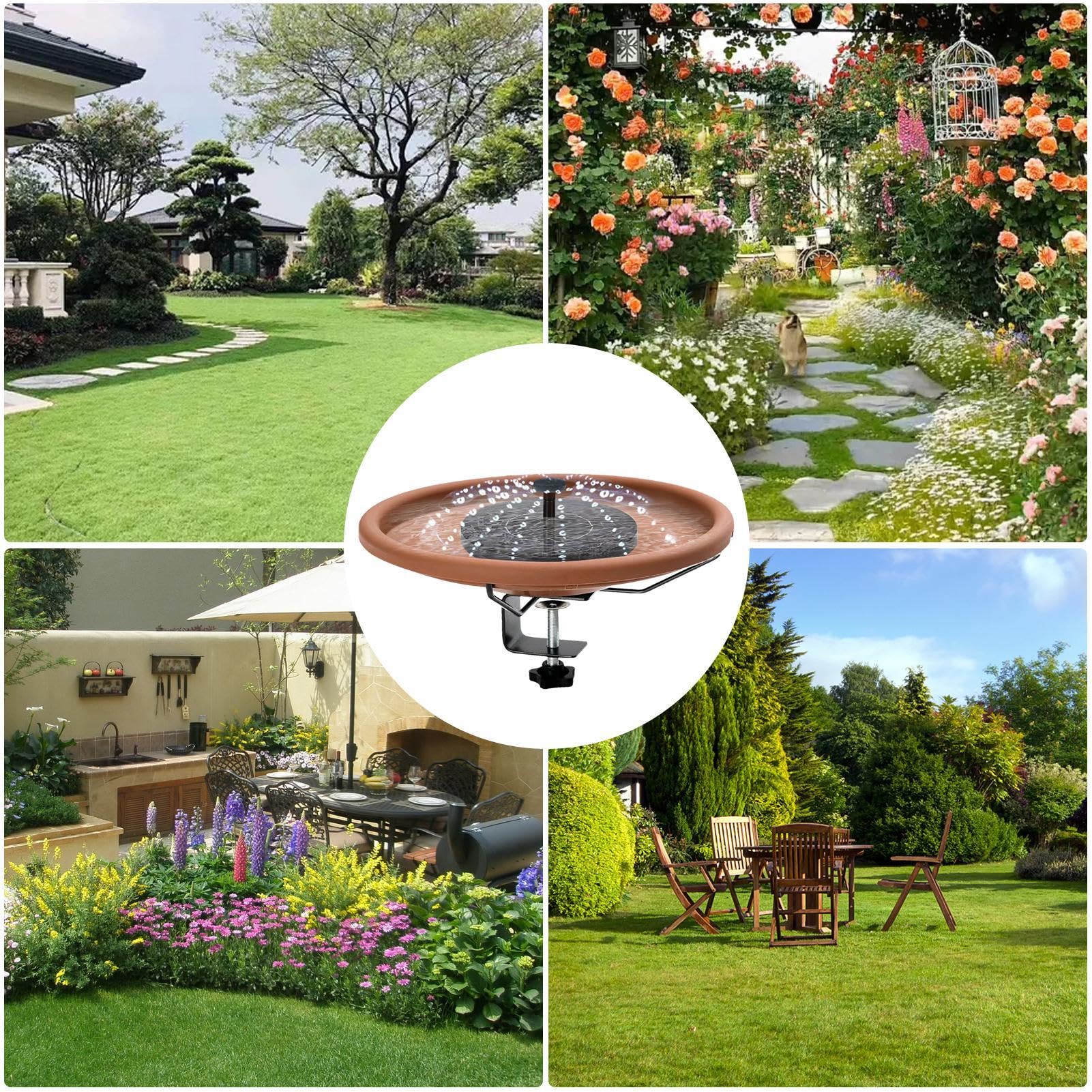 Bol de Bain pour Oiseaux monté sur Le Pont, Fontaine Solaire Amovible pour Bain d'oiseaux et Pince Robuste, mangeoire à Oiseaux montée sur Le Jardin pour Jardin, étang, Piscine, extérieur