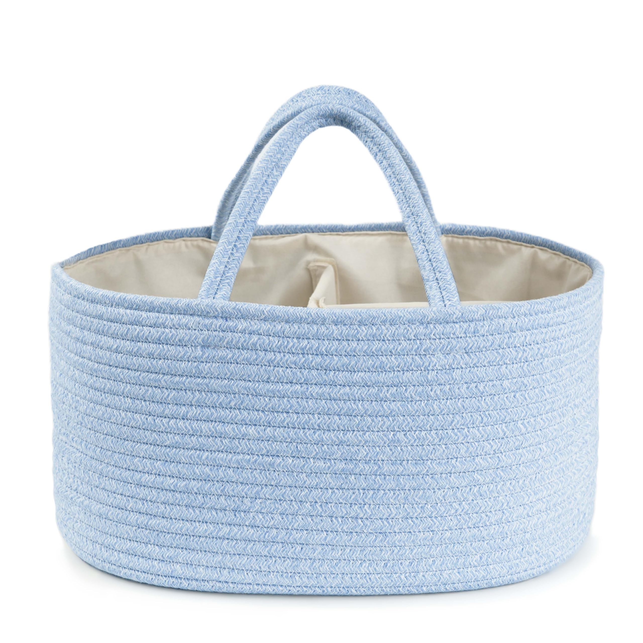 Kodomoore Nappy Caddy – Cotton Rope Baby Storage Basket for Newborn Essentials – Portable Organiser for Changing Table, Nursery or Car – Gift Basket for Baby Shower – Light Blue, Large