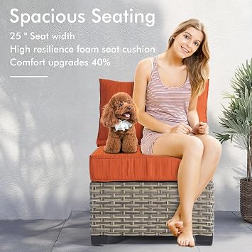 Patio Outdoor Furniture Set - All Weather Wicker Modular Sectional Sofa Couch,Patio Seating Outdoor Conversation Sets for Deck Yard Garden (Orange Red, 8 Pcs w/Swivel Glider)