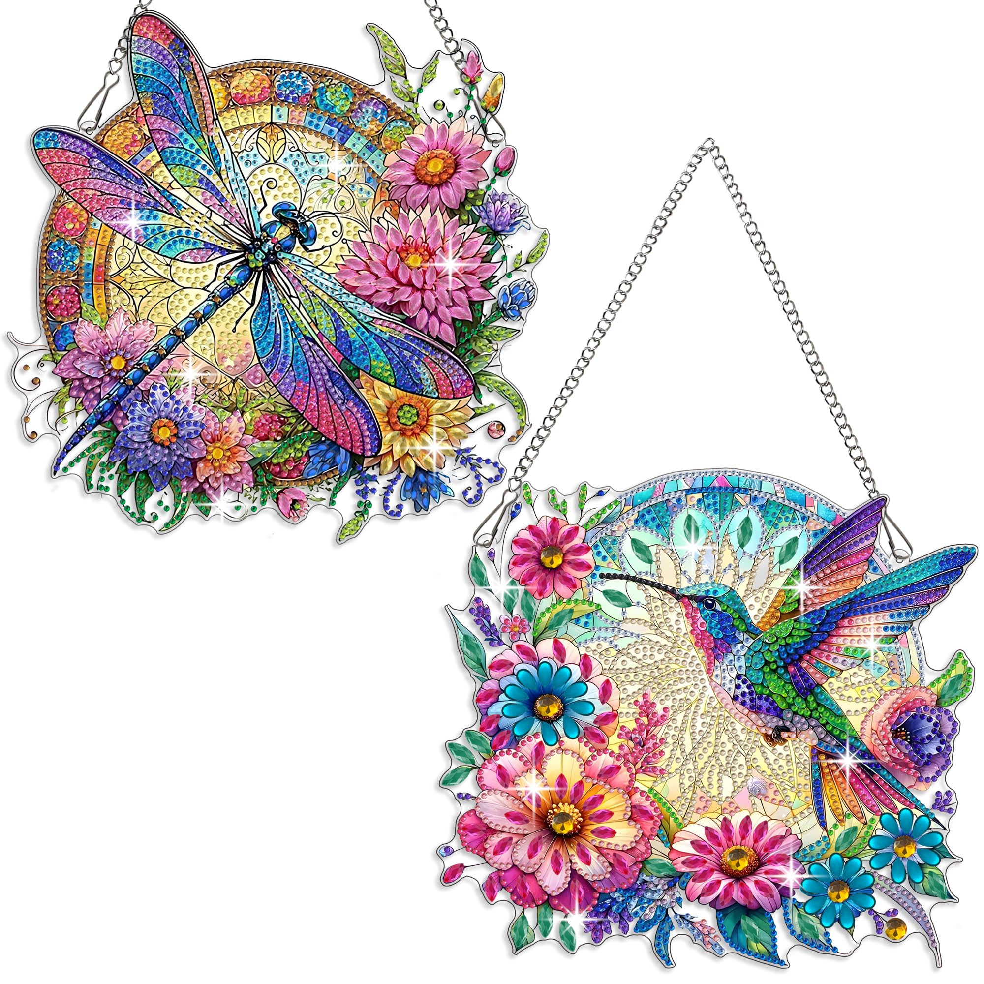 Fokenzary Diamond Art Kits for Adults 5D Diamond Painting Hanging Ornaments Bird Dragonfly with Chain DIY Diamond Gem Painting Art Kits(24 * 24cm*2pcs)