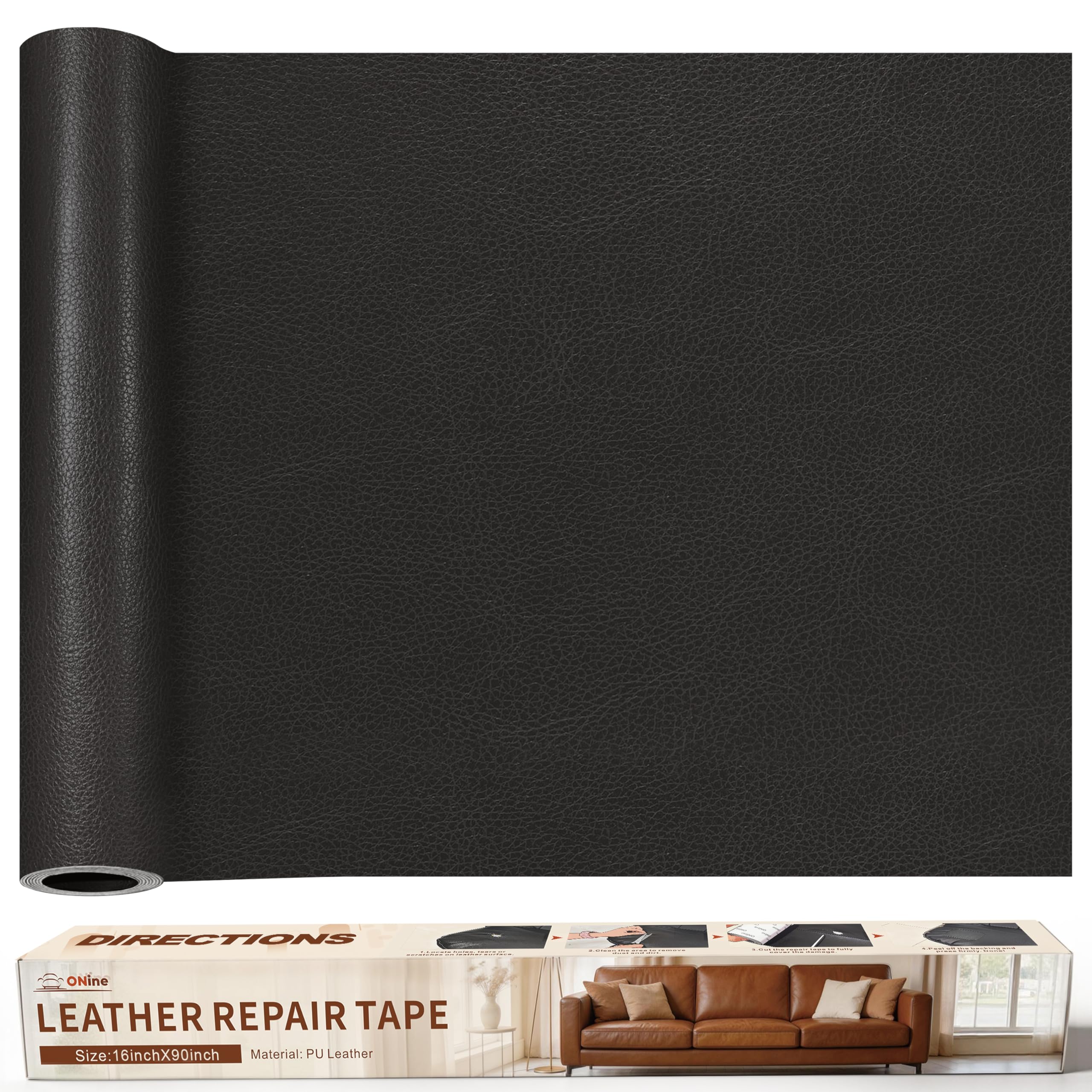 ONine Leather Repair Patch，Leather Repair Tape, 16 x 90 inches Leather Repair Patch for Furniture,Vinyl Repair kit，Leather Couch Patch，for Sofas, Furniture, car Seats(Dark Grey Leather)