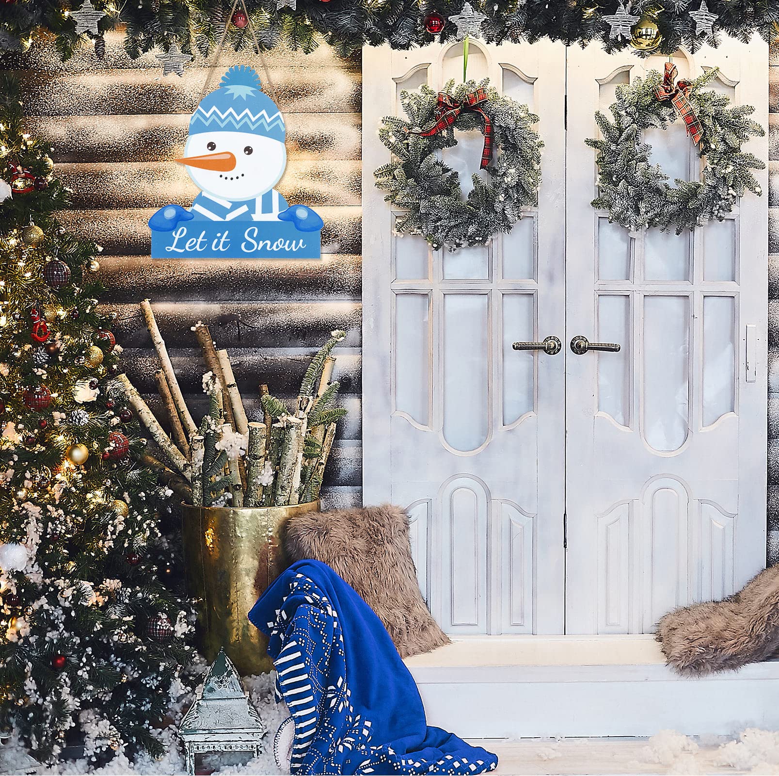 YUNKKIN Schneemann-Türdekoration Aus Holz – Winterkranz Mit "Let It Snow" Schriftzug, Blau, 30,5x30,5 Cm