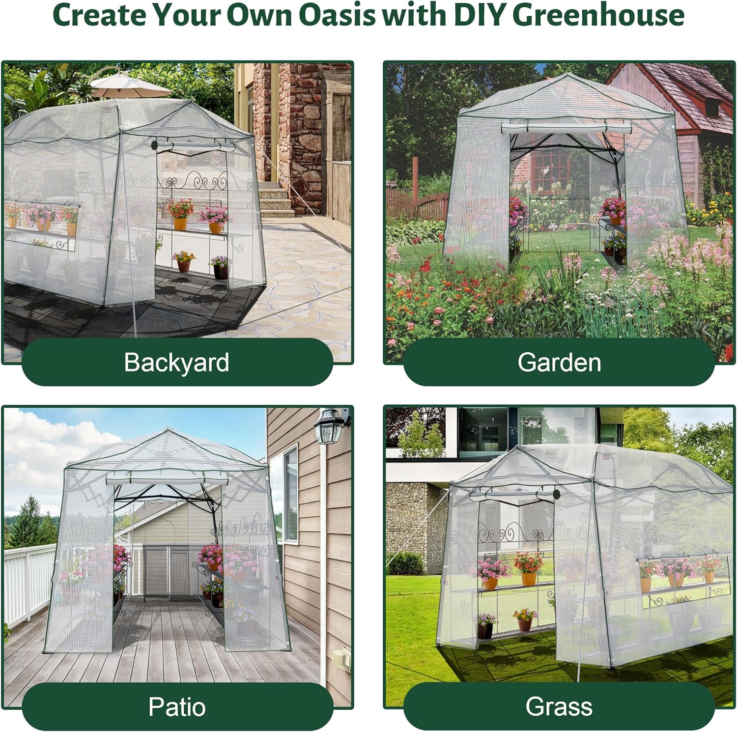 11 x 8.5 ft Pop-up Greenhouse, Walk-in Garden Green House, 4-Sided Ventilation, Heavy Duty Steel Frame, Weather-Resistant PE Cover for Indoor Outdoor with Zippered Doors