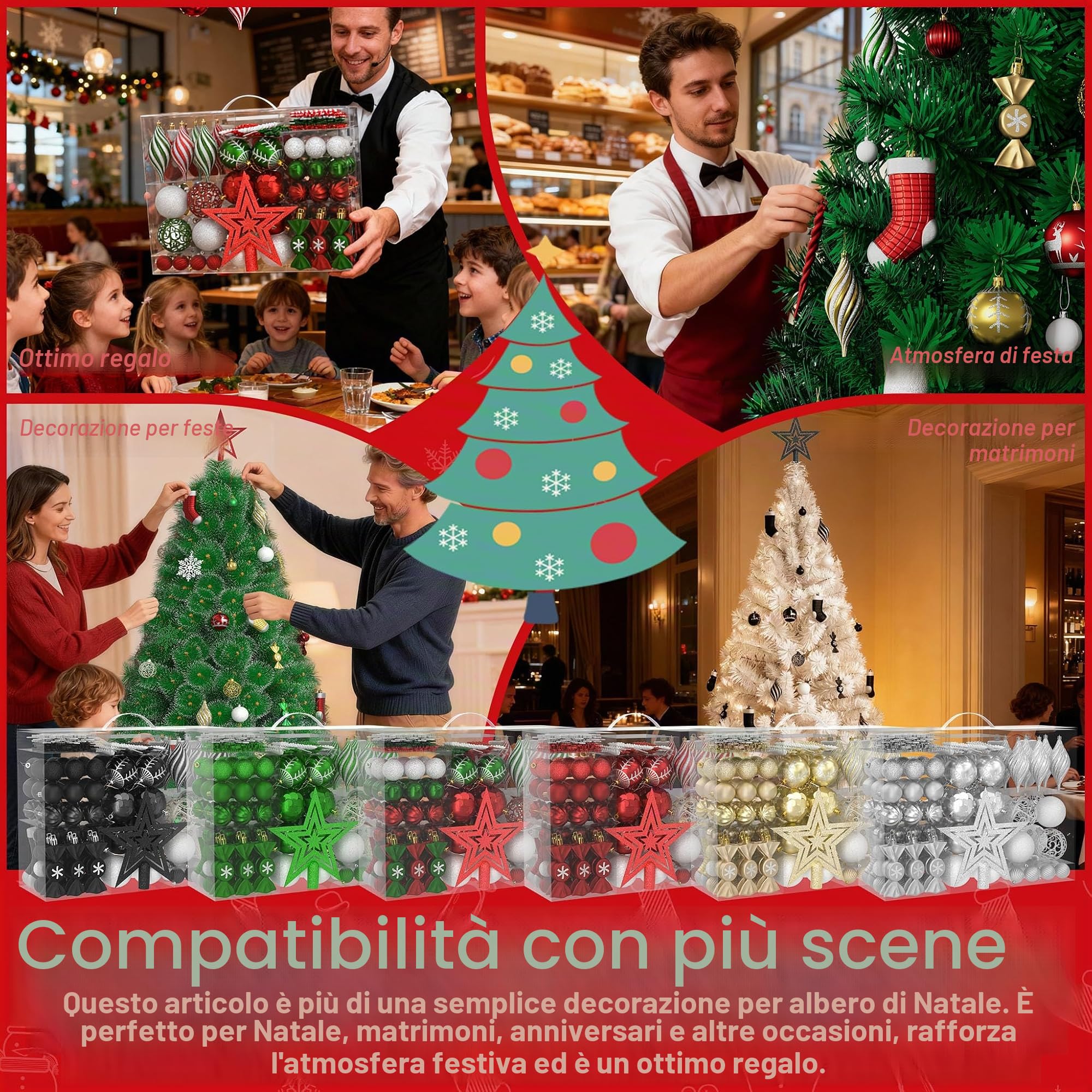 YUENFONG Set di 138 palline di Natale in plastica per albero di Natale, decorazioni natalizie opache e lucide con puntale a stella, palline decorative per albero di Natale, verde scuro