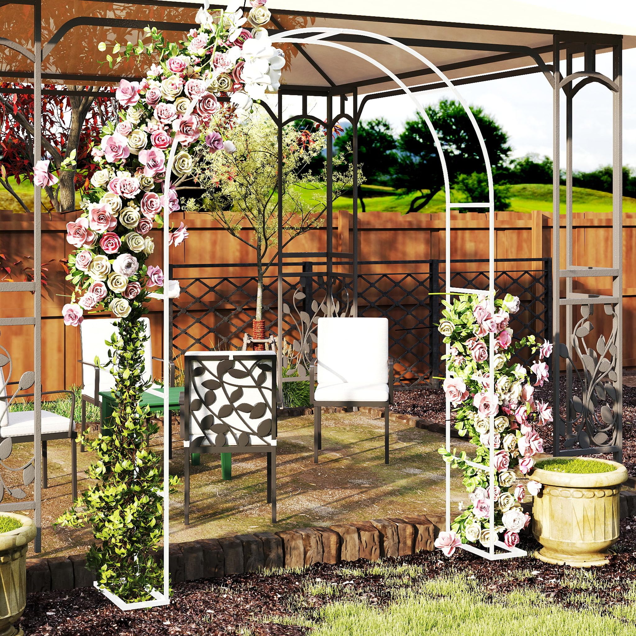 XMTECH Arche de jardin en métal - 192 x 38 x 240 cm - Arche stable avec plaques de sol - Tuteur pour plantes grimpantes - Pour jardin, mariage et célébrations - Résistant aux intempéries - Blanc