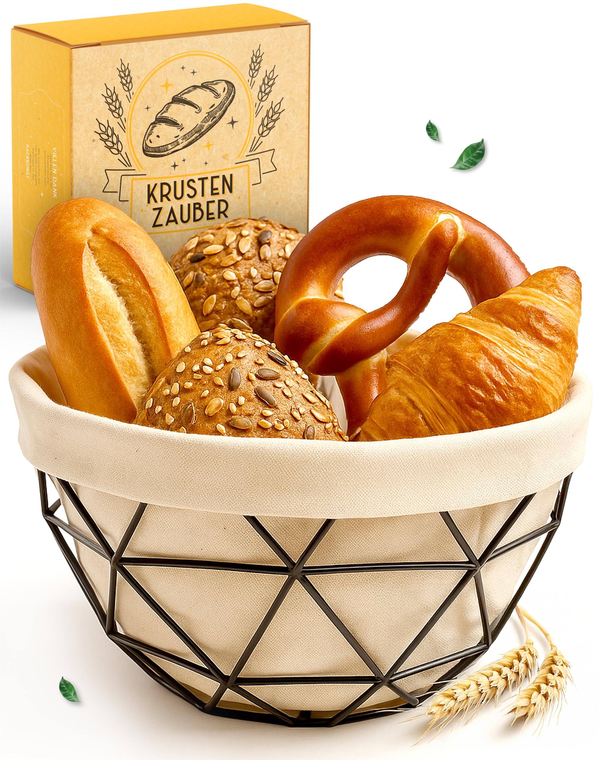 KRUSTENZAUBER Brotkorb modern mit Metallgestell - Waschbares Brotkörbchen für Brot & Brötchen - 20cm Durchmesser Brötchenkorb zur Brotaufbewahrung, Frühstück, Küche & Esstisch, Praktisch und stilvoll