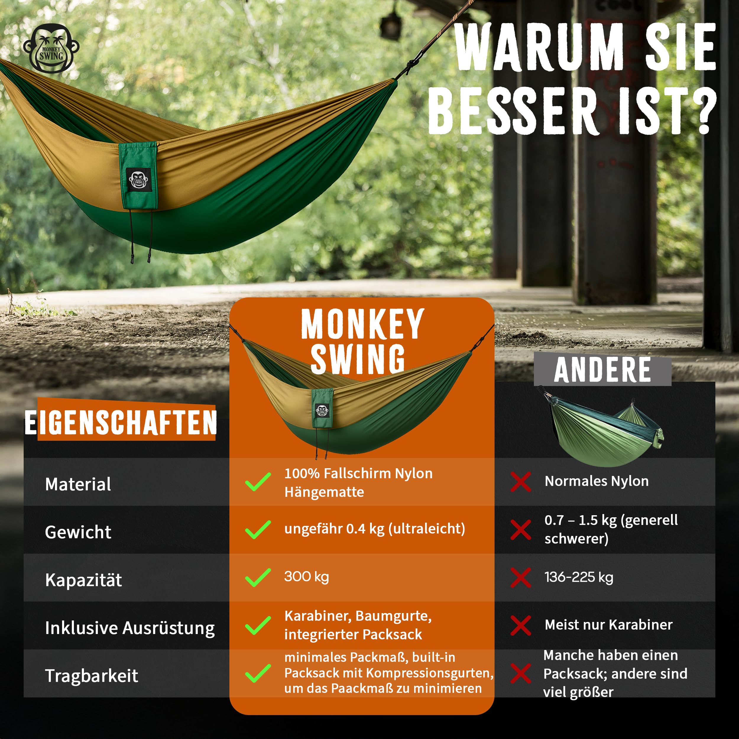 Hängematte Ultraleicht inkl. Karabiner & Schwerlastgurten (bis 300  kg belastbar, 275 x 140 cm) – ideal für Camping, Outdoor, Trekking & als Reisehängematte (Grün/Khaki)