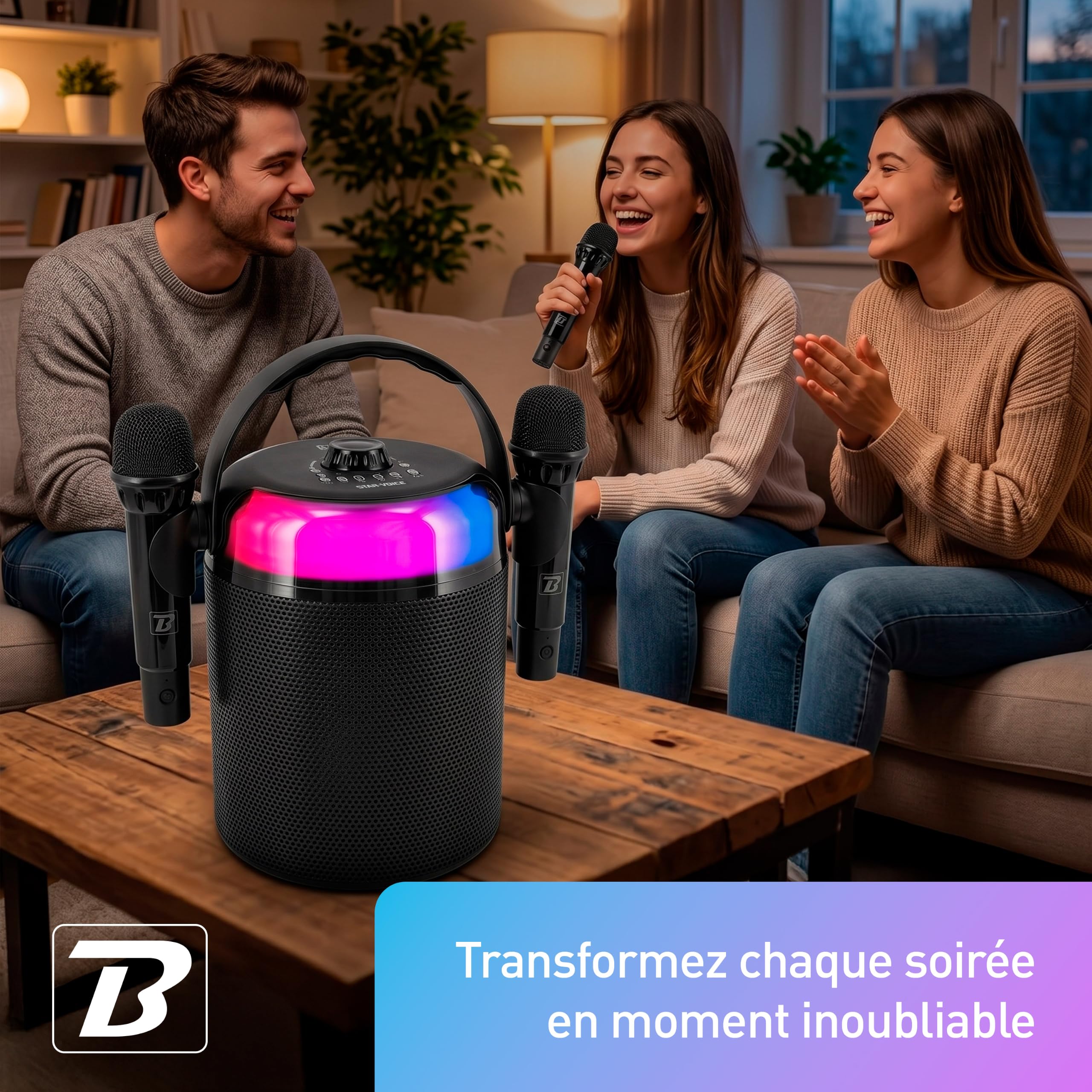 BoomTone DJ Star Voice – Enceinte Karaoké Bluetooth Portable avec 2 Micros sans Fil, LEDs RGB et Changeur de Voix, Karaoké Enfant & Adulte pour Soirées et Anniversaires