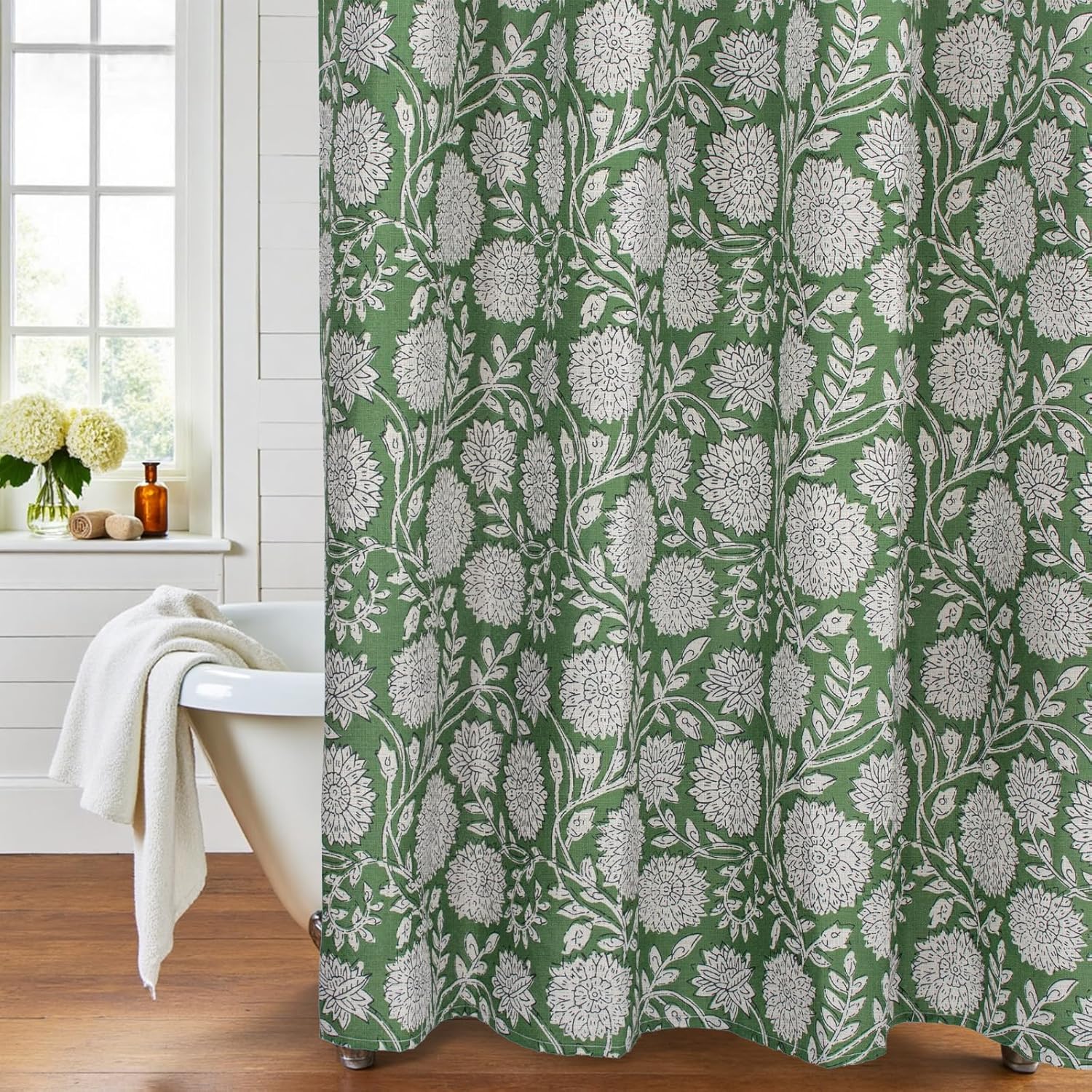 MUGINYU Vintage Sage Green Floral Shower Curtain -72x72 Inches, Linen Blend Fabric, Botanical Block Print for a Boho Aesthetic Cottagecore Farmhouse Bathroom