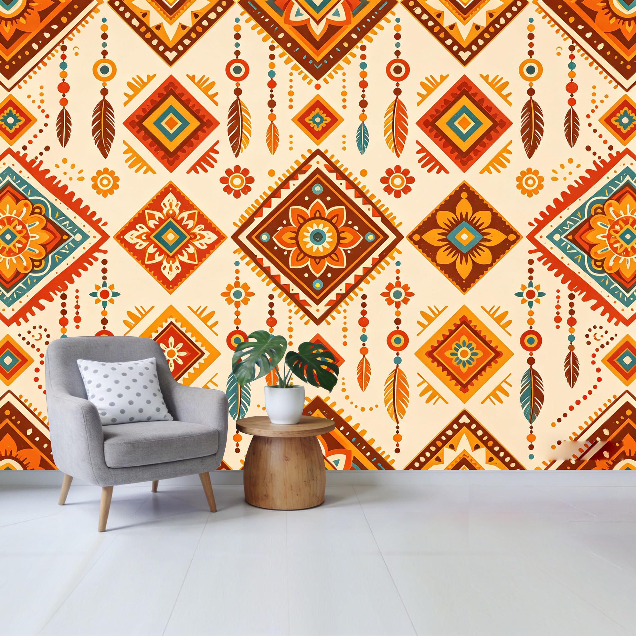 Qzlithotic Yq2605250709 Custom Size Wall Mural Bohemian Tribal Geometric Pattern With Feather And Flower Accents Selfadhesive Wall Fabric Removable Wallpaper For Home Office Decor