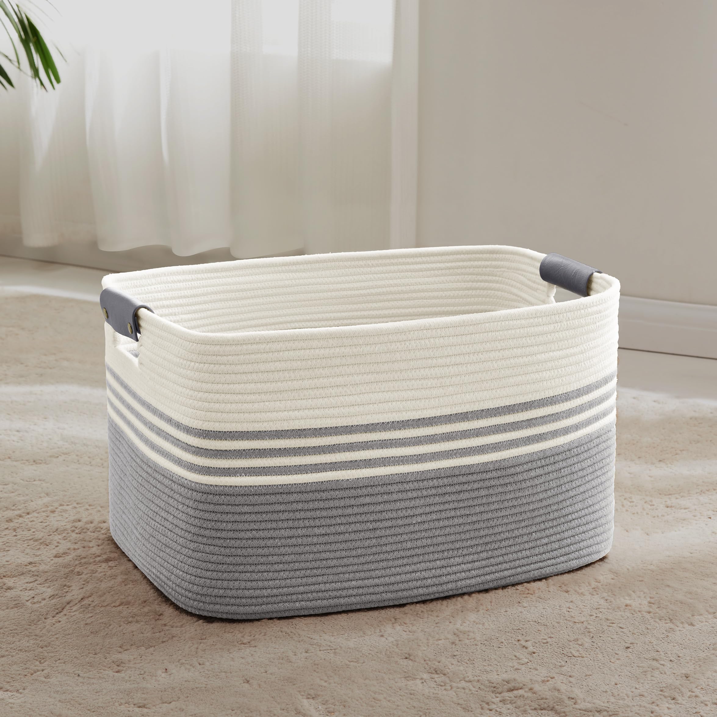 MYHOMMATTO 60L Large Laundry Basket with Leather Handles for Living Room Storage, Woven Rope Baskets Bin for Blanket, Kids Toy, Gifts, Wicker Hamper for Bedroom Dirty Clothes, 21"x15"x11" White Grey