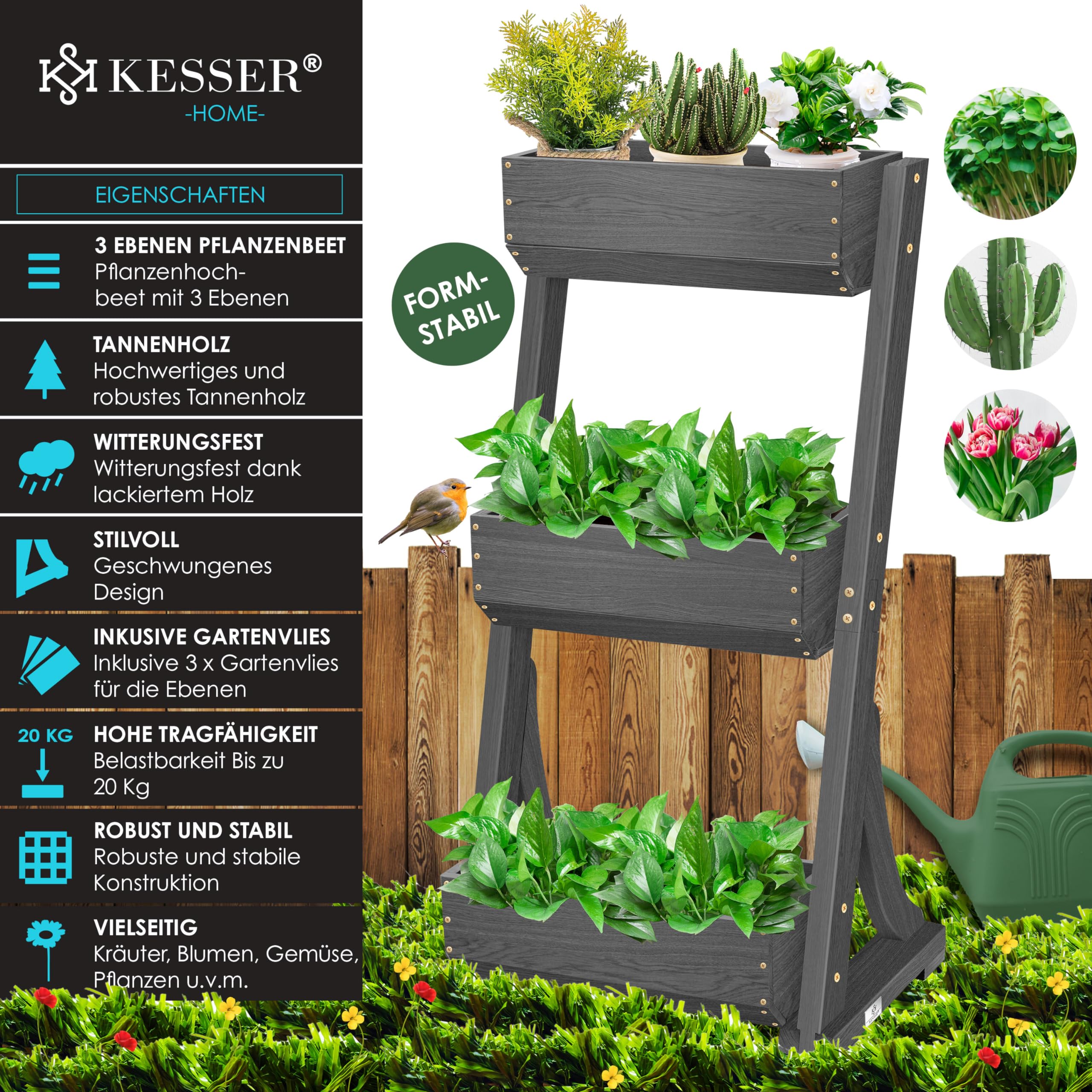 KESSER® Hochbeet mit 3 Etagen Premium Blumenkasten Blumentreppe Pflanztreppe Gemüsebeet Kräuterbeet Pflanzkübel Frühbeet Blumenbeet Pflanzkasten mit Gartenvlies - Beet inkl. Schaufelset, Anthrazit
