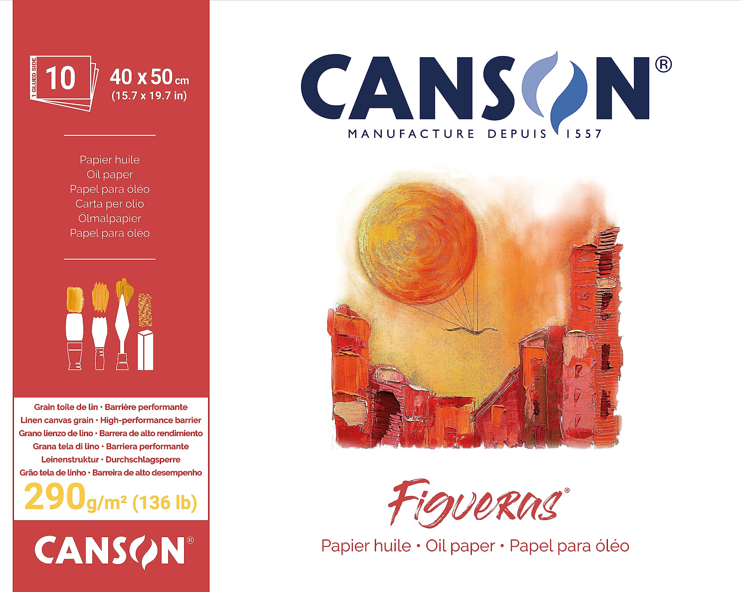 CANSON Figueras, Oil Paper, Imitation Grain Linen, 290gsm, Long Side Glued Pad, 40 x 50 cm, White, 10 Sheets