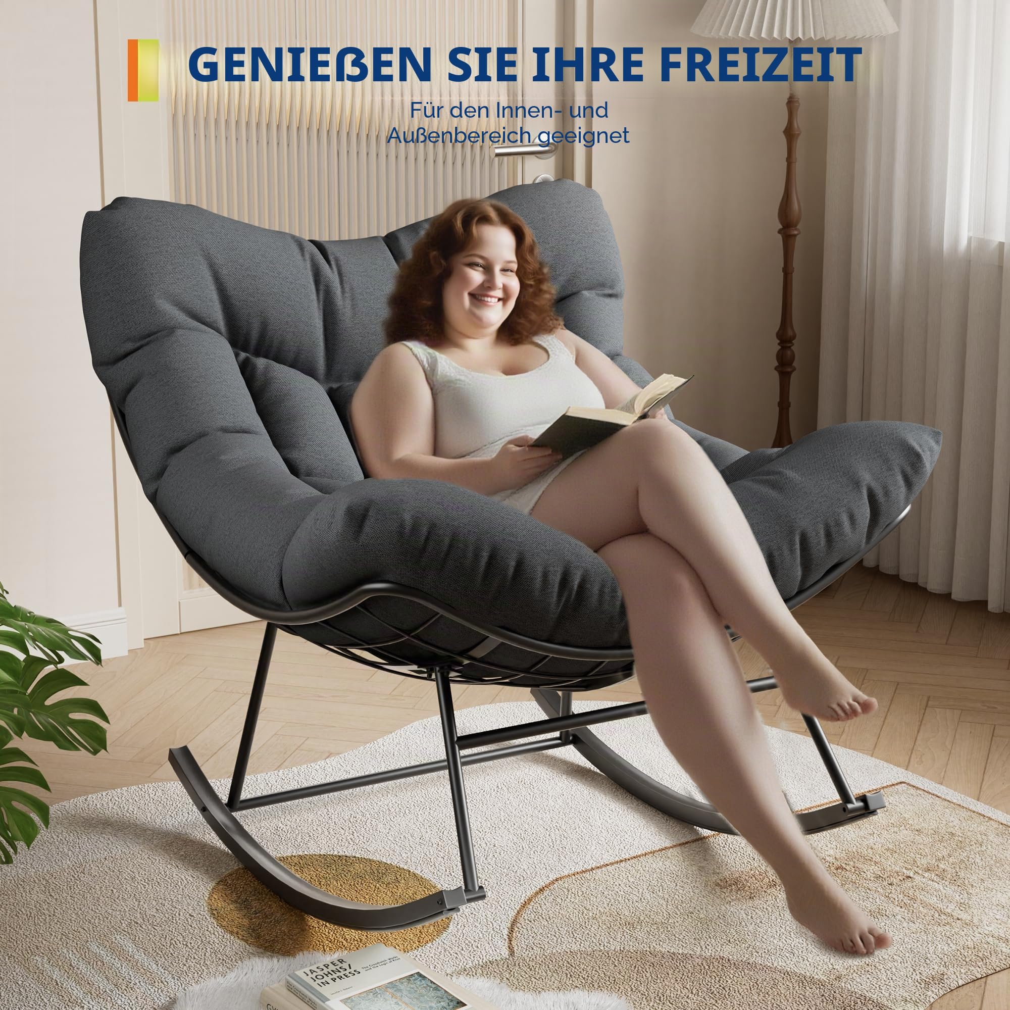 Acekool Schaukelstuhl Oversized mit Fußhocker, Schaukelsessel mit dickem Kissen & Metallrahmen, Relaxsessel für Poolside, Garten und Hinterhof, Tragfähigkeit (Grau, ohne Fußstütze)