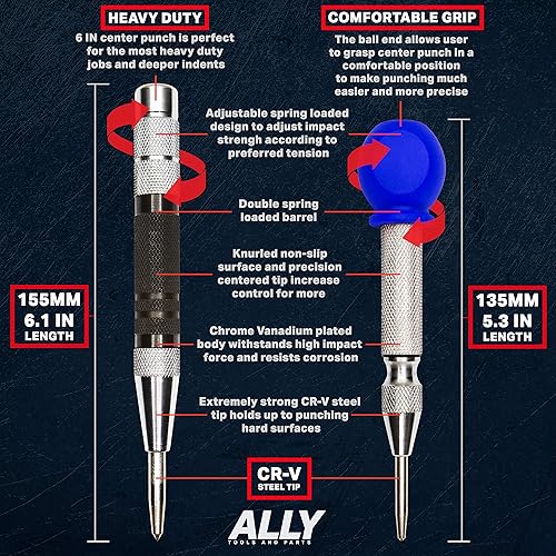 Miniatura 3 de ALLY Tools - Punzón central automático súper fuerte de 6 y 5 pulgadas, perforador central automático perfecto para metal, madera, plástico, vidrio y