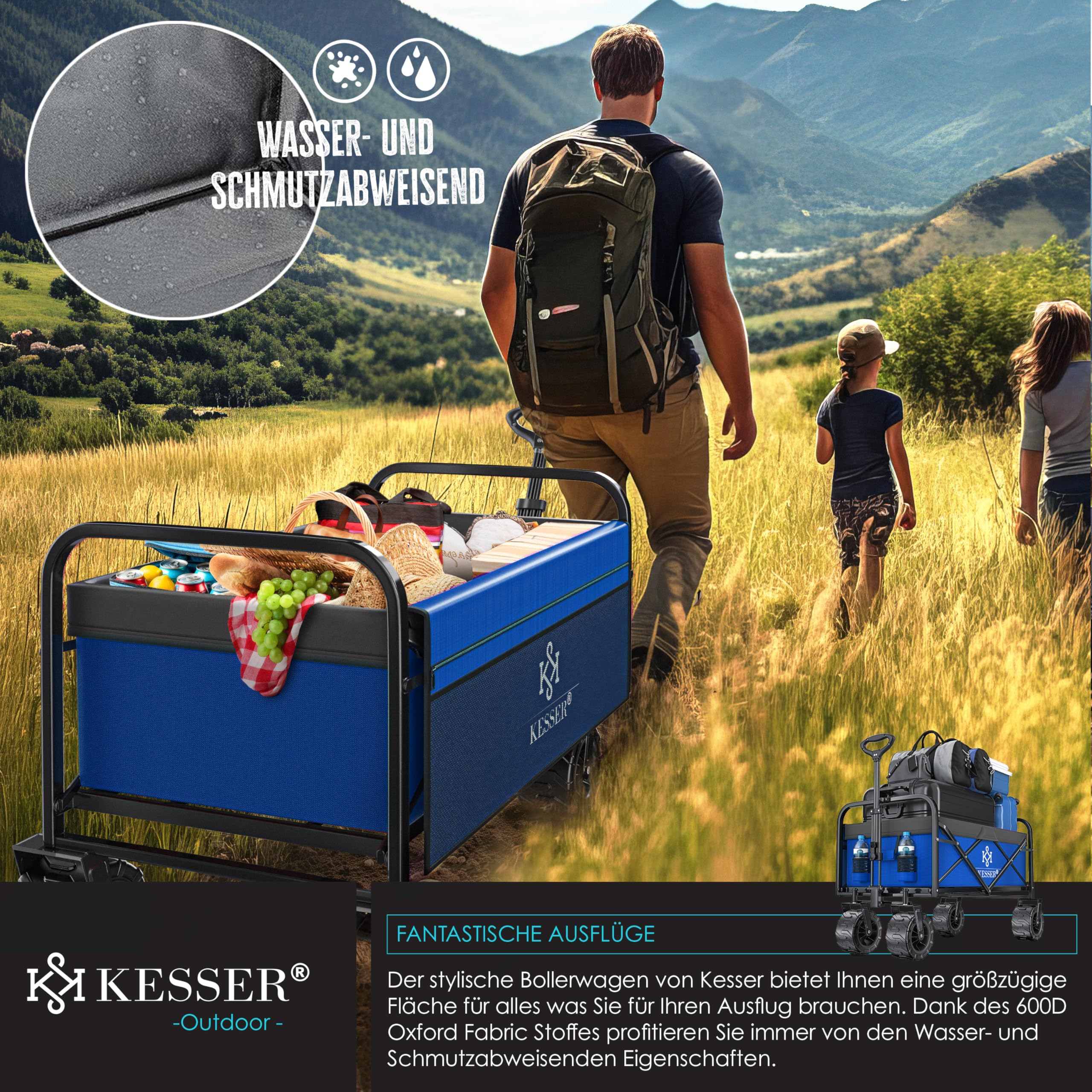 KESSER Chariot de transport pliable - Charge maximale : 150 kg - Avec pneus larges en caoutchouc solide - Chariot de transport avec 2 poches en filet et poche latérale - Chariot de transport pliable