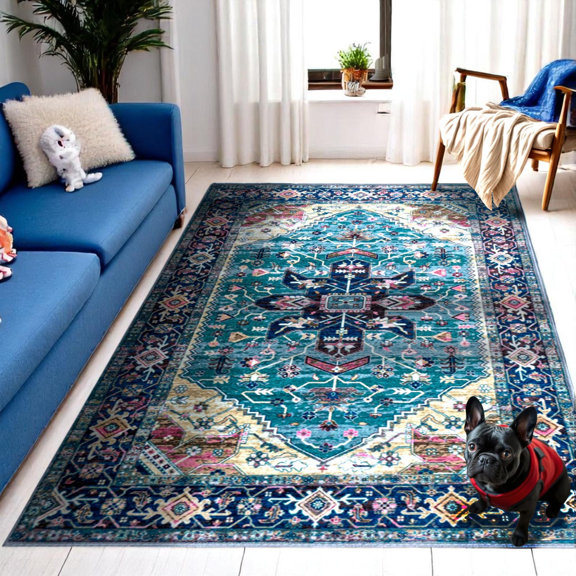 GO BAREFOOT HOME Thin Washable Area Rug - 4’x6’ Boho Rugs for Living Room Bedroom Dining Room Kitchen Rugs Non Slip Washable Vintage, Non-Slip Safe