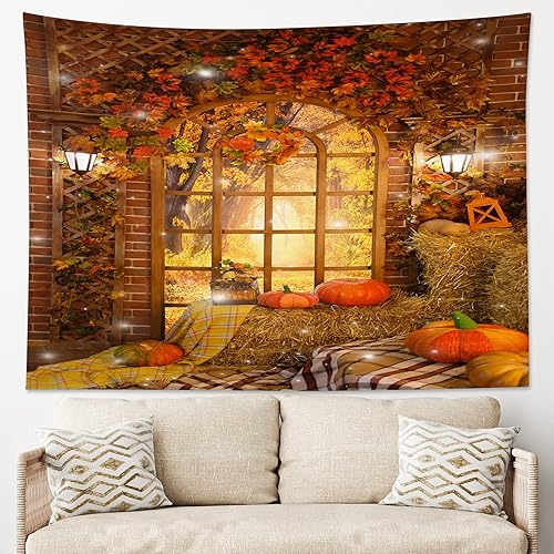 Miniatura 2 de LB Tapiz de otoño de Acción de Gracias, tapiz de otoño, cosecha de calabaza, hoja de arce, tapiz para colgar en la pared, granja, rústico, ventana,