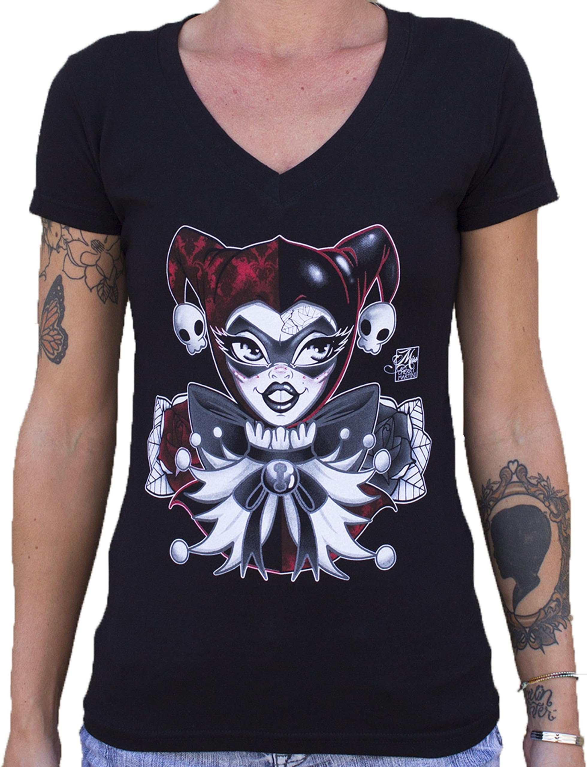 Women's Jester by Miss Cherry Martini Clown Girl Harlequin V-Neck T-Shirt