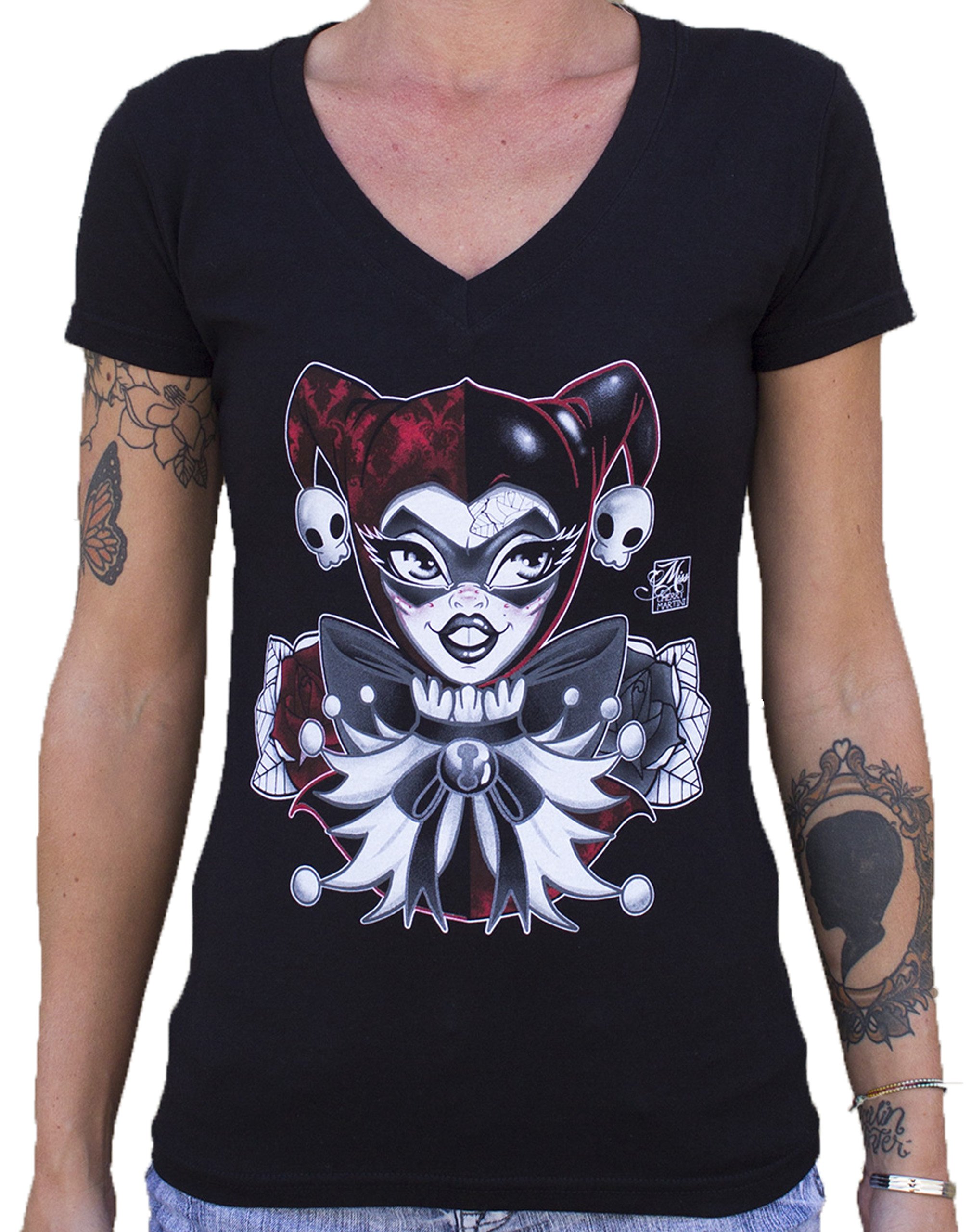 Women's Jester by Miss Cherry Martini Clown Girl Harlequin V-Neck T-Shirt