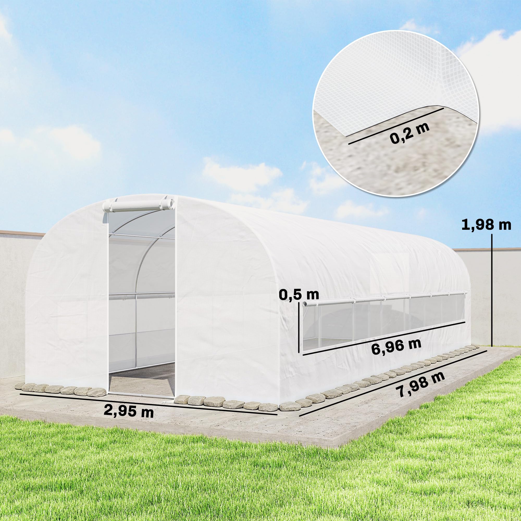 Outsunny Serre Tunnel de Jardin 24m², Serre de Jardin Tunnel 295x798x198cm avec Cadre en Acier galvanisé, Portes et 2 Grandes fenêtres, bâche PE Haute densité 140 g/m² prolongée de 20 cm, Blanc