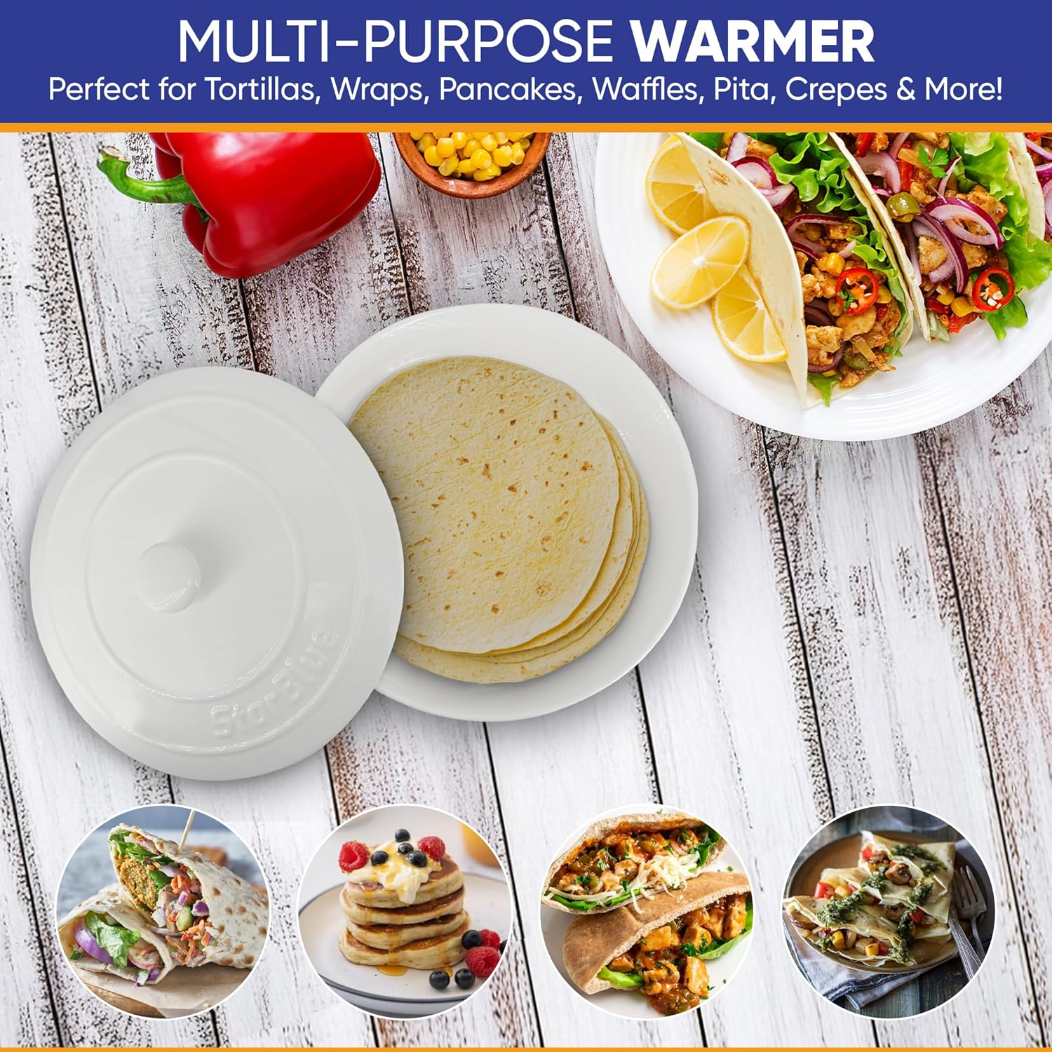 StarBlue 8 Inch Ceramic Tortilla Warmer with FREE Recipes ebook - White, Insulated One Hour and Holds up to 24 Tortillas, Chapati, Roti, Microwavable, Oven Safe - Image 7
