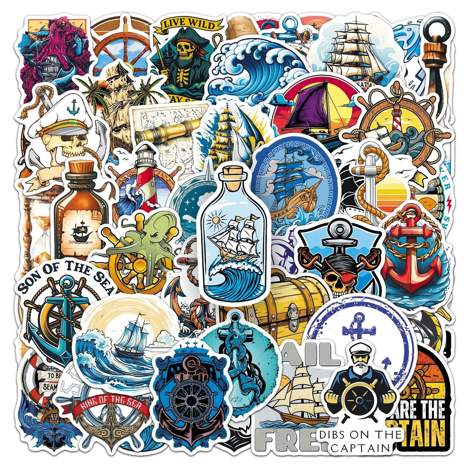 Pack of 50 Vintage Pirate Nautical Vinyl Stickers Waterproof Self-Adhesive