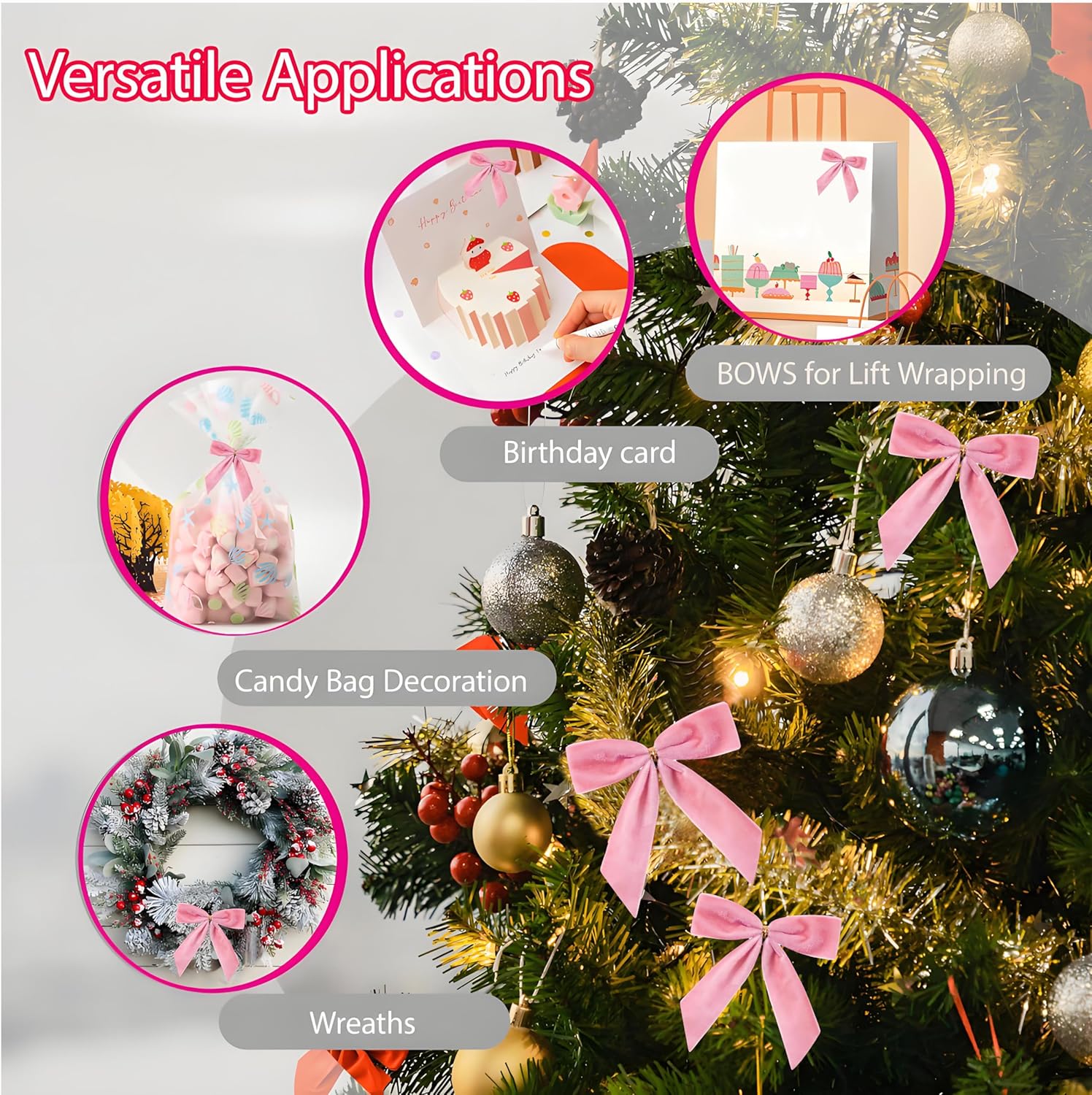 24 Pcs Red Velvet Bows for Christmas Tree,Bows for Tree Have Wires on The Back,Velvet Christmas Ornaments for Wreath,Gift,Wedding,Party,Holiday,Home Decor (Pink)