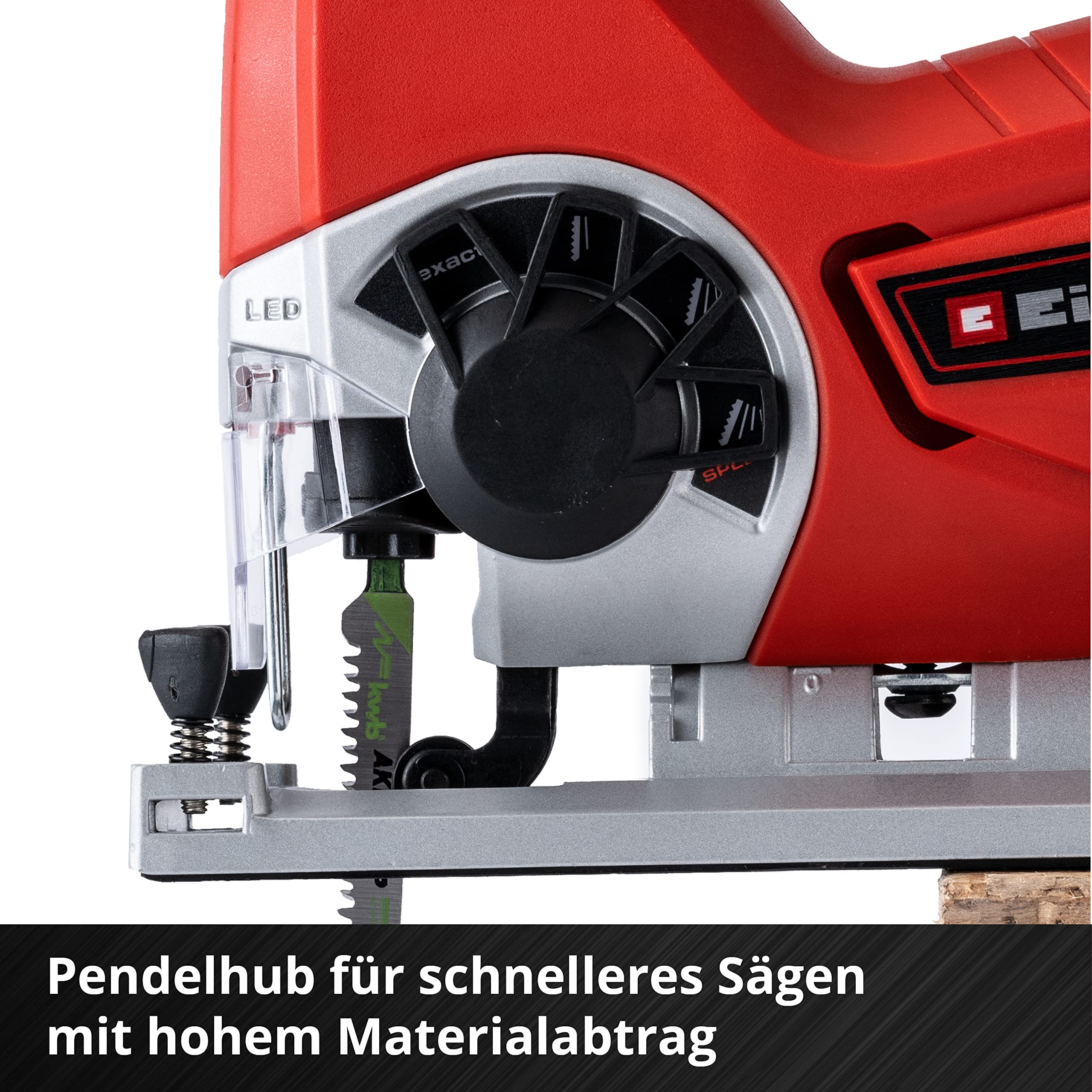 Einhell Akku-Stichsäge TE-JS 18/80 Li Power X-Change (18 V, 2400 min-^1 Hubzahl, 80mm max. Schnitttiefe, Staubblasfunktion, inkl. 4,0 Ah Akku, Ladegerät und Stichsägeblätter-Set)