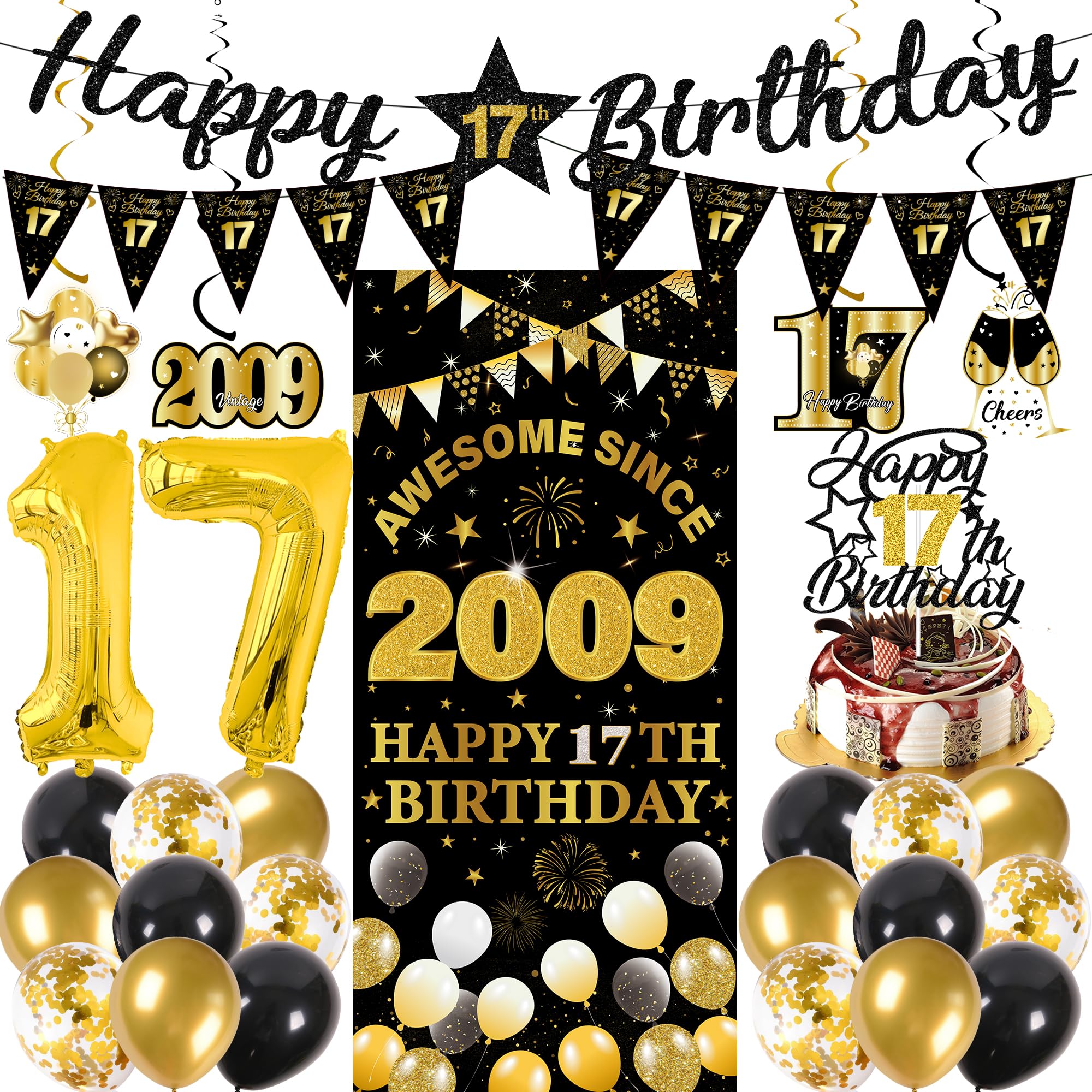 17th Birthday Decorations Boys Girls - 27 Pcs Black Gold Happy 17th Birthday Banner Triangular Flag Hanging Swirls Backdrop Cake Topper 17 Balloon Set for 17 Years Old Party Decoration Supplies