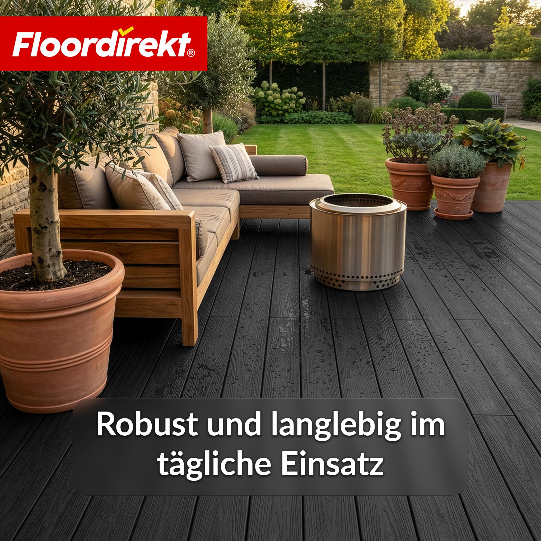 Floordirekt WPC Terrassendielen 220x14,6cm - Komplettset 2 m² – Hohlkammerdiele - Komplettbausatz, inkl. Unterkonstruktion & Montagematerial, wetterfest & UV-beständig - Crown Schwarz