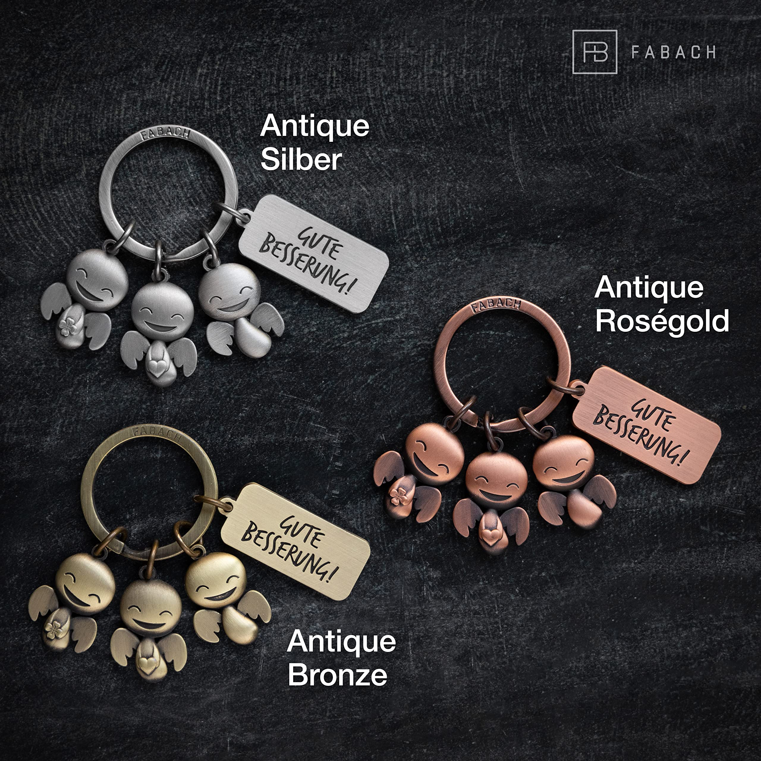 FABACH Guardian Angel Keyring Happy Trio with Engraving Gute Wellern, Get Well Soon Keyring Good Luck for Operation - Image 3