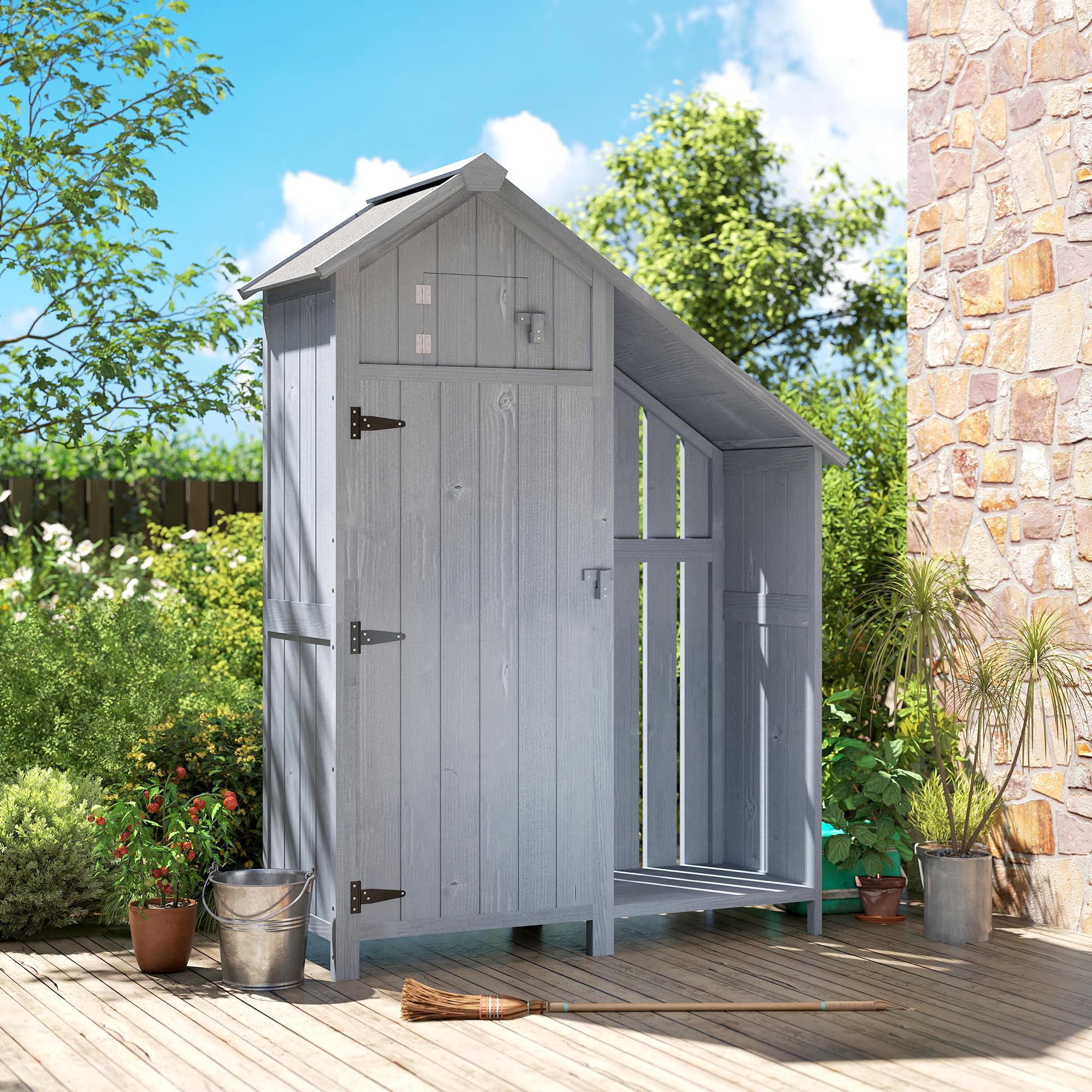 Outsunny Armoire de jardin en bois d'extérieur - Résistant aux intempéries - Avec toit en asphalte - Étagère - Armoire de rangement polyvalente pour jardin, terrasse - 129 x 51,5 x 180 cm - Gris